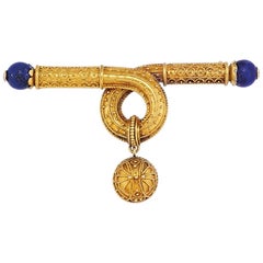 Antique  Victorian Etruscan Yellow Gold Bead Lapis Brooch
