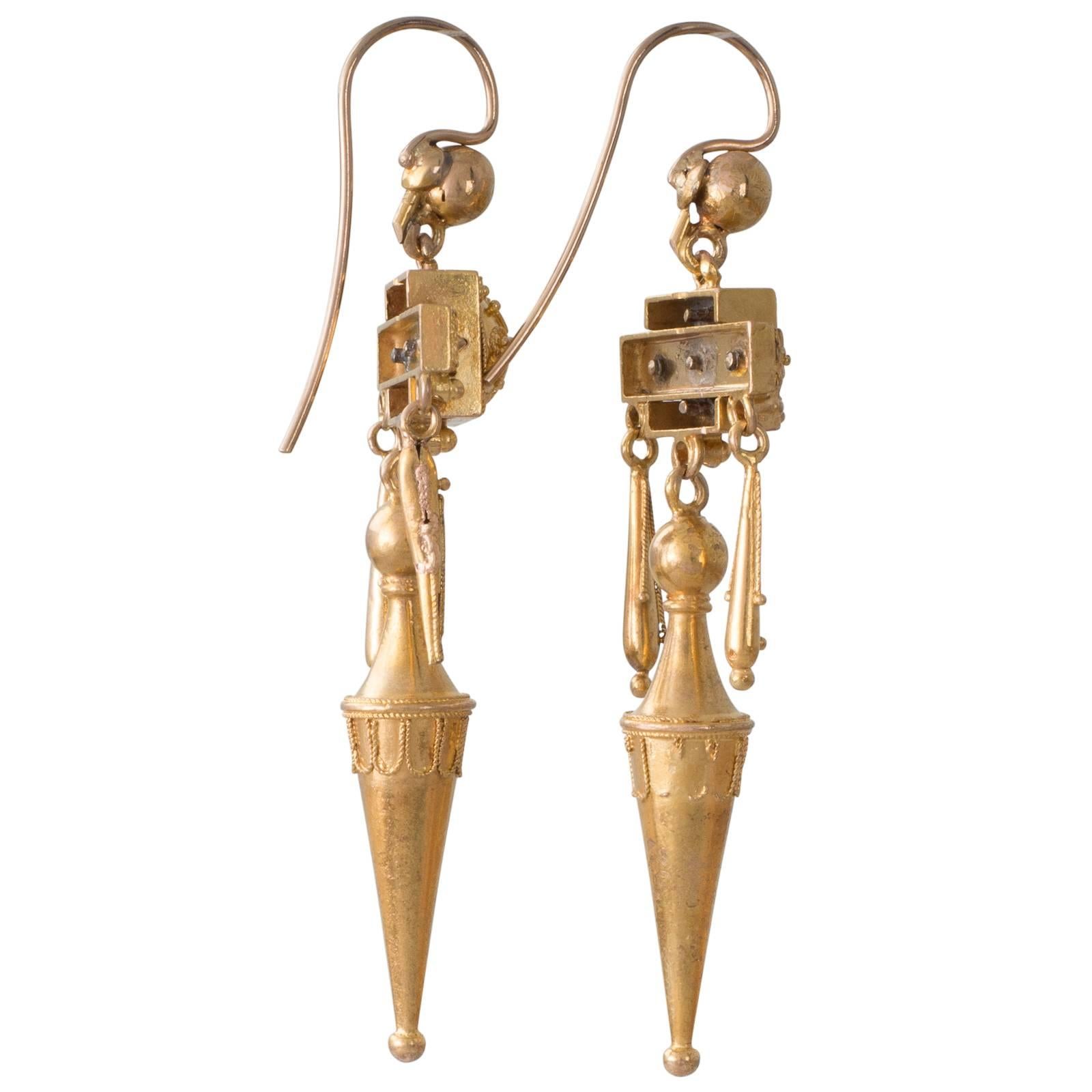 Etruscan Revival Victorian Etruscan Yellow Gold Drop Earrings