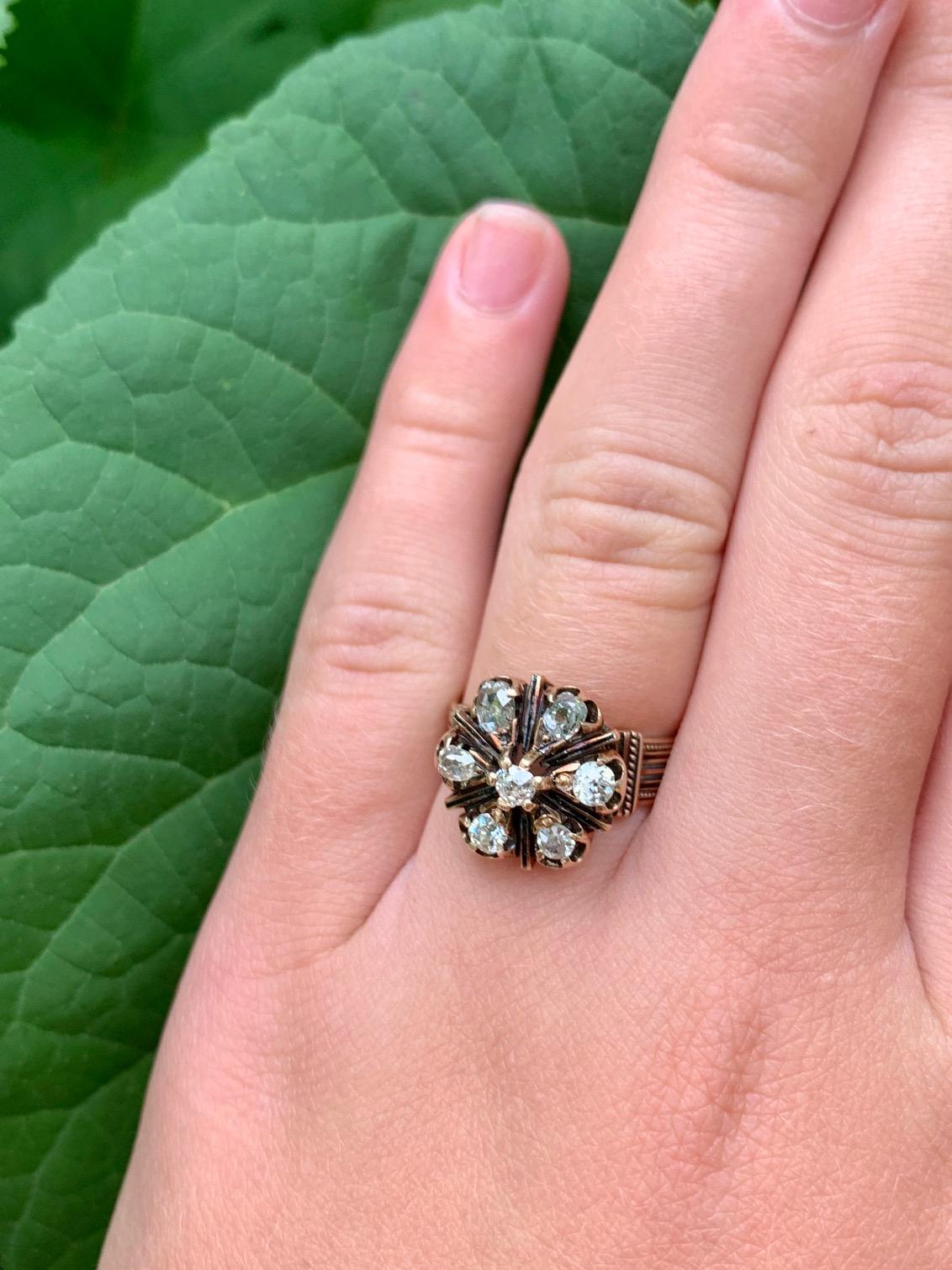 Viktorianischer Euro- und Minenschliff-Diamantring aus 14 Karat Gelbgold - Größe 7 3/4 7