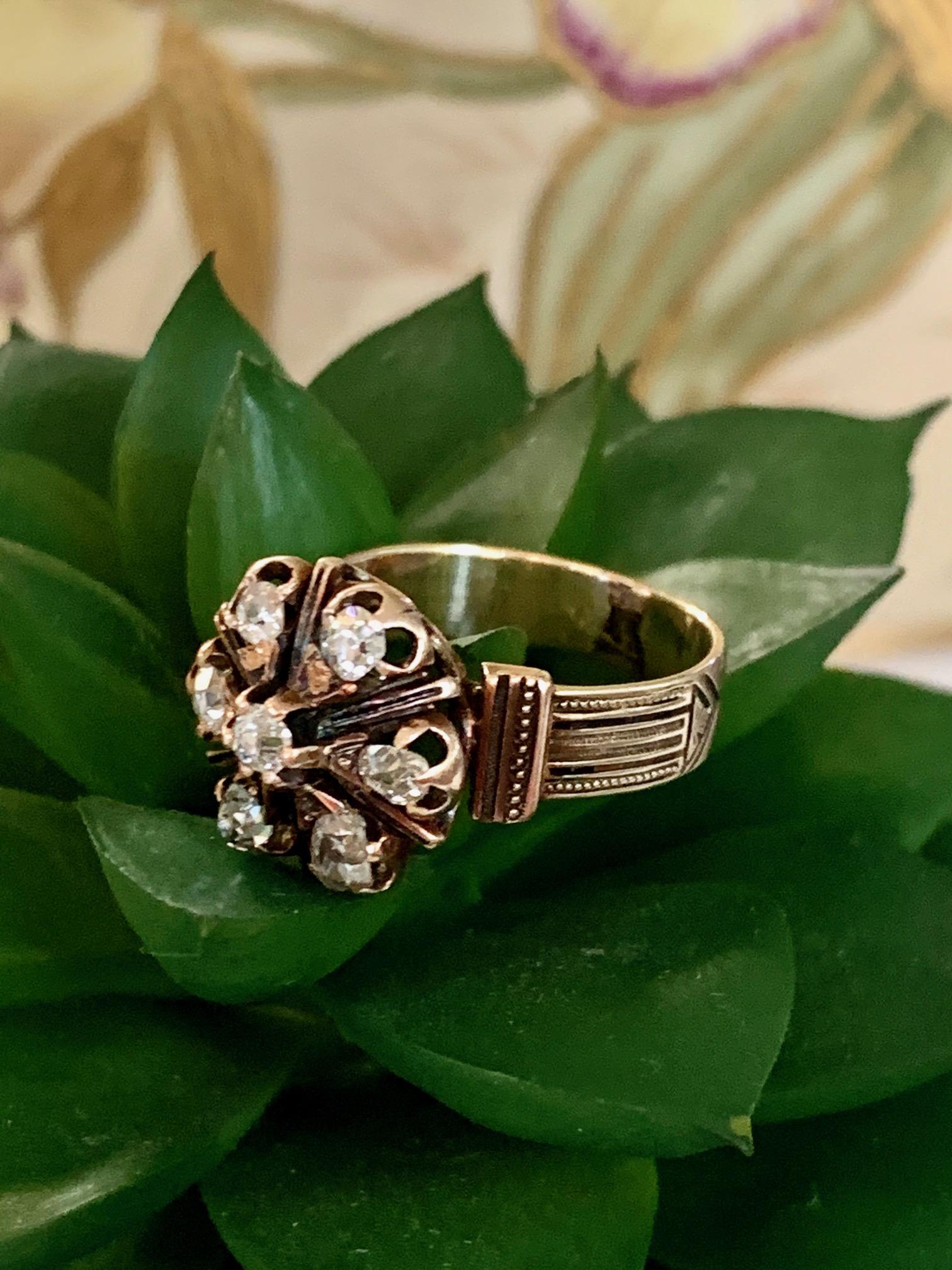Viktorianischer Euro- und Minenschliff-Diamantring aus 14 Karat Gelbgold - Größe 7 3/4 Damen