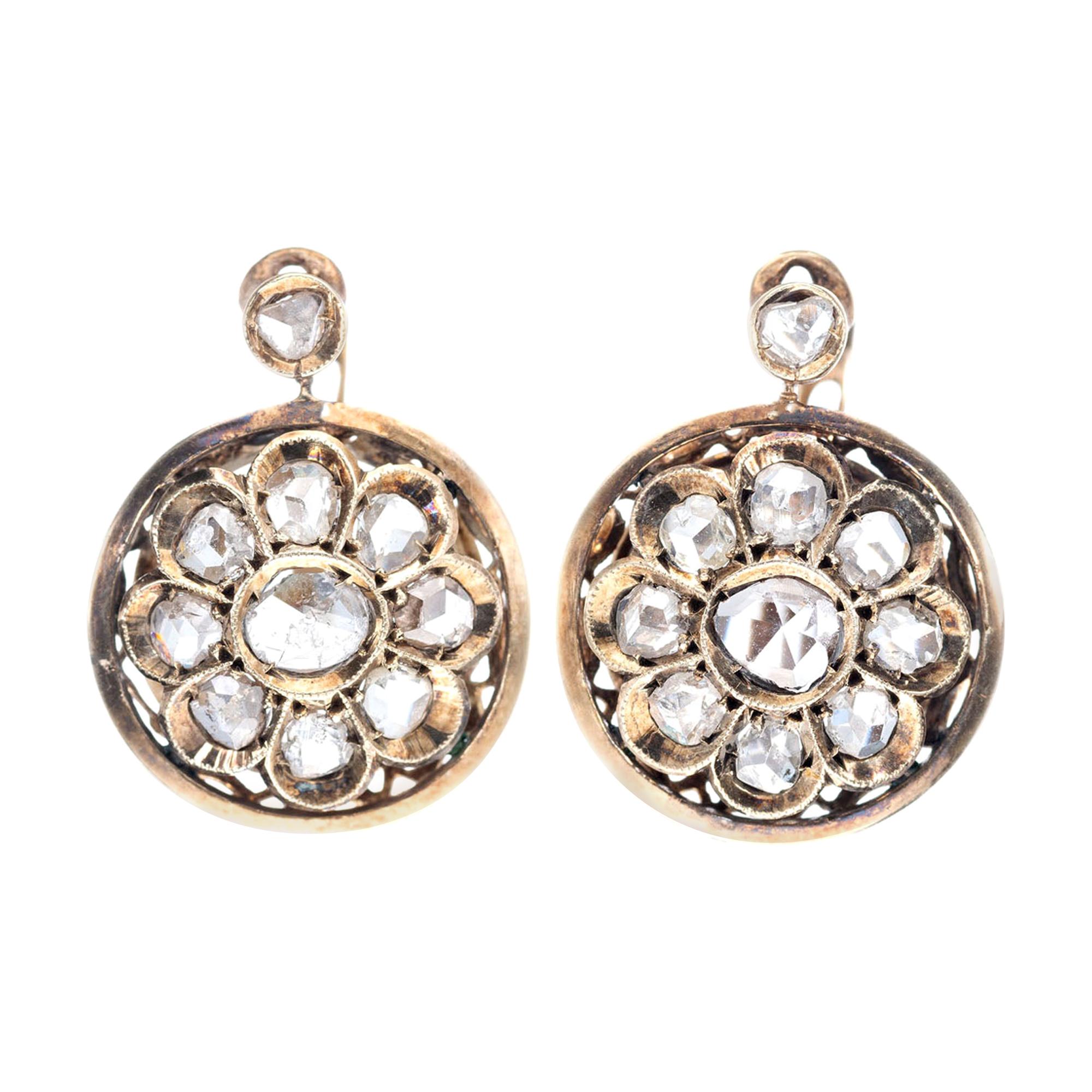 Victorian European Style Round Rose Cut Gold Clip Post Diamond Earrings