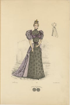 Victorian Evening Elegance: Opulent Fashion Lithograph Published in 1889