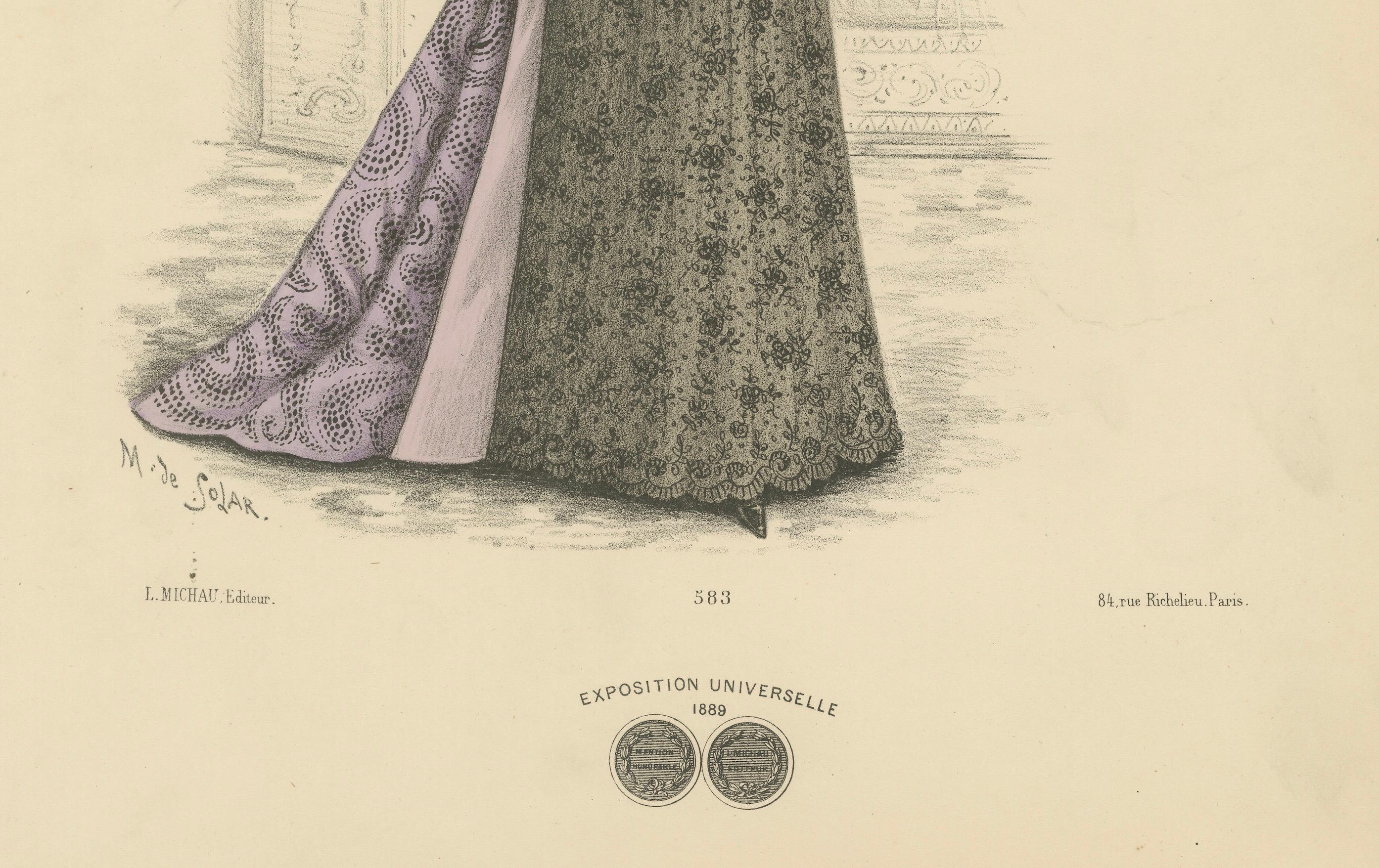 L'Elegance du soir à l'époque victorienne : Lithographie de la mode opulente publiée en 1889 Bon état - En vente à Langweer, NL