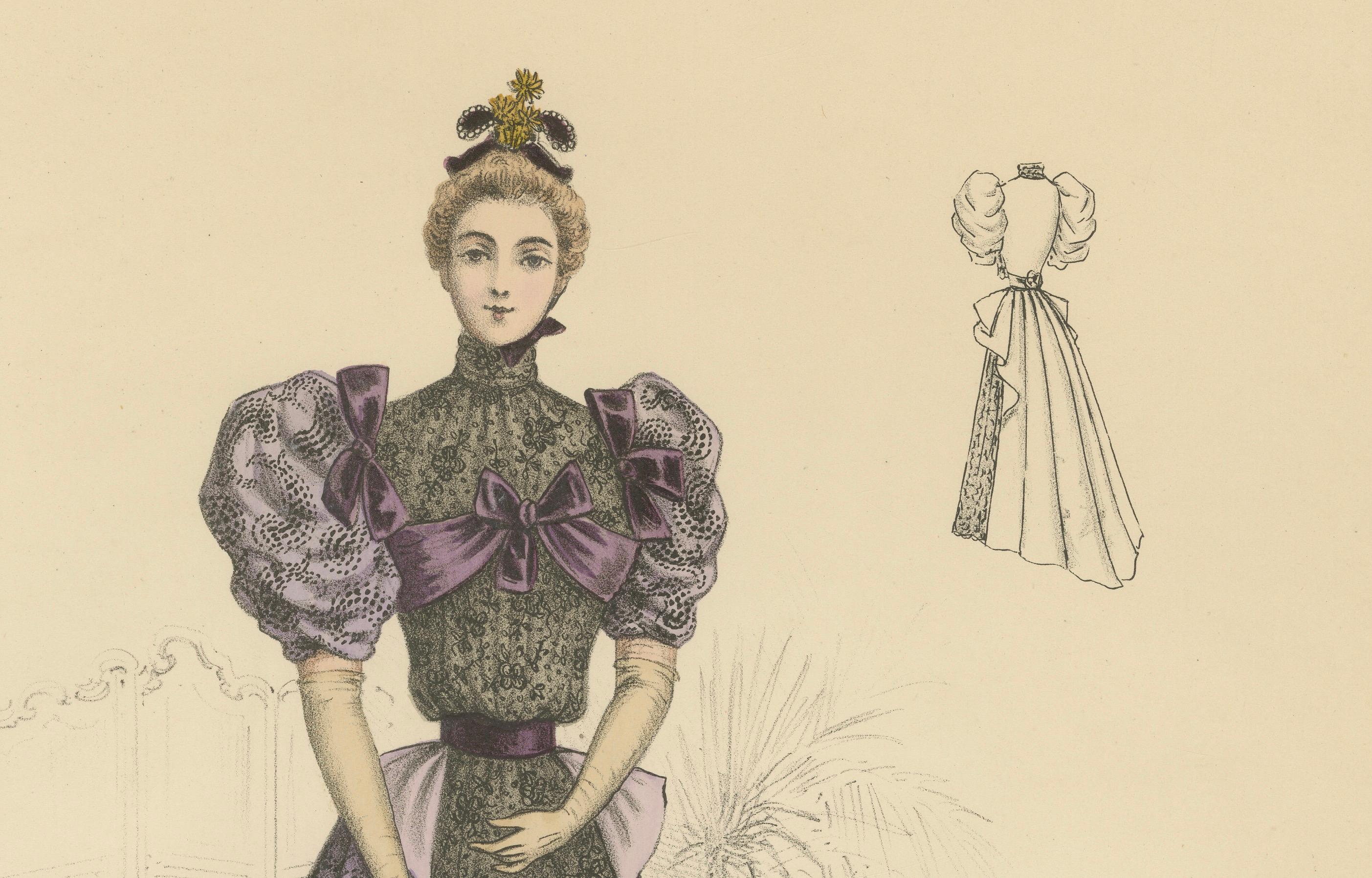 Papier L'Elegance du soir à l'époque victorienne : Lithographie de la mode opulente publiée en 1889 en vente