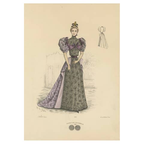Victorian Evening Elegance: Opulent Fashion Lithograph Published in 1889
