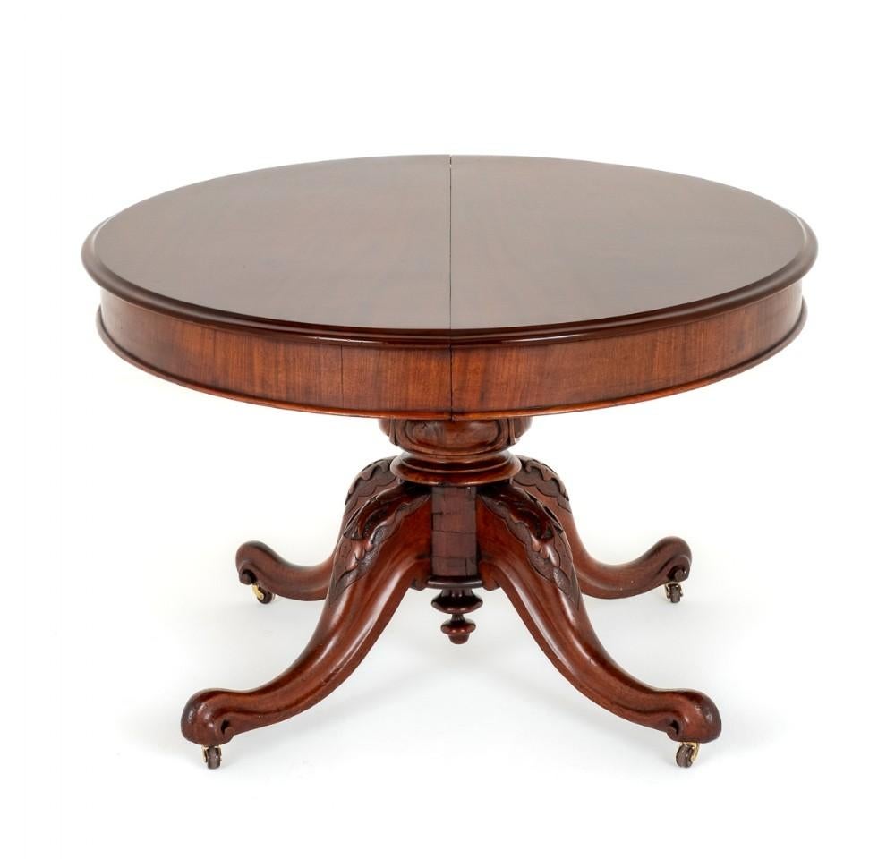 Mahogany oval 2 leaf extending dining table.
circa 1860
The top of this dining table is of an oval design which extends by way of a pullout telescopic mechanism to accept up to 2 extra leaves.
The base of the table features 4 shaped and carved