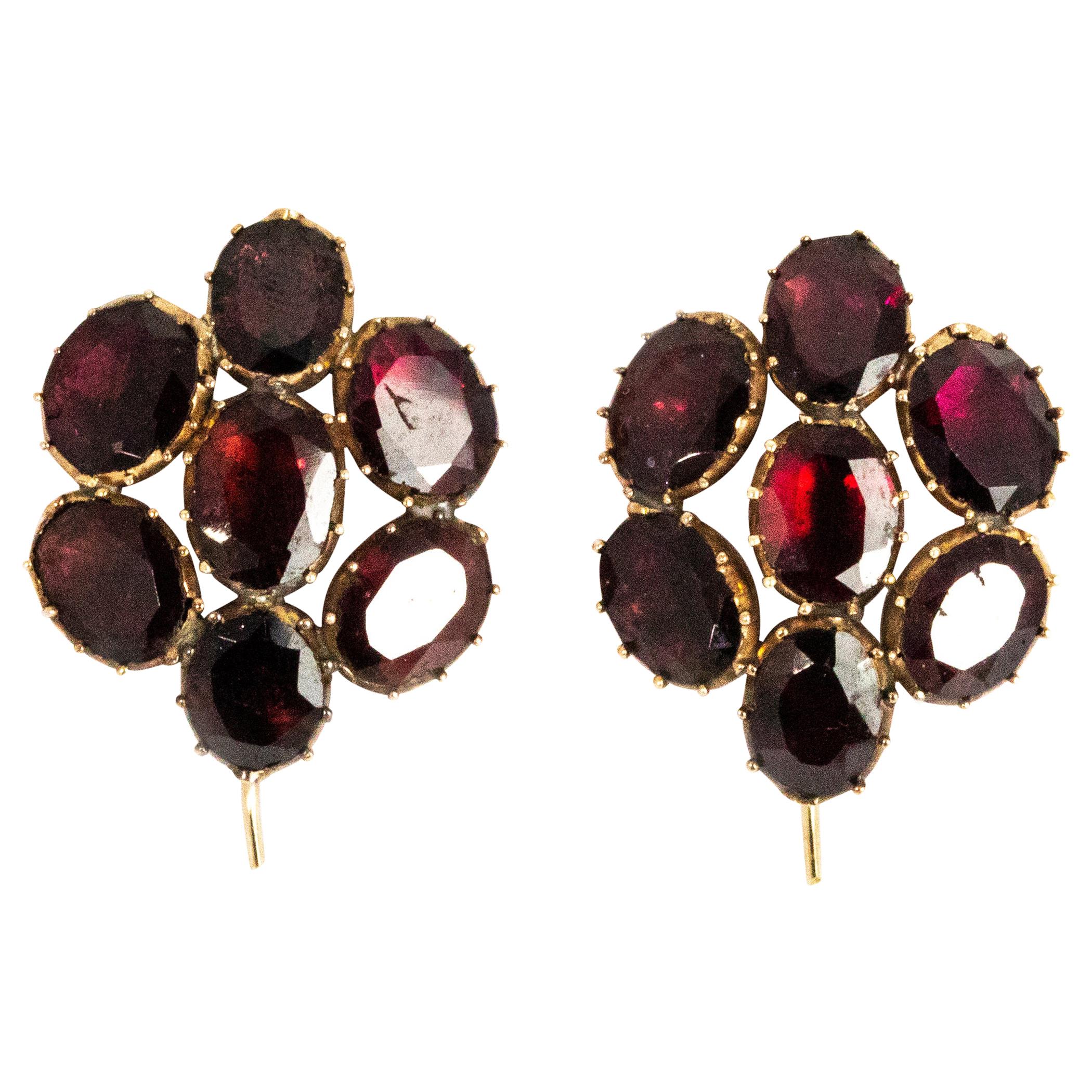 Victorian Extra Large Flat Cut Garnet and Yellow Gold Earrings