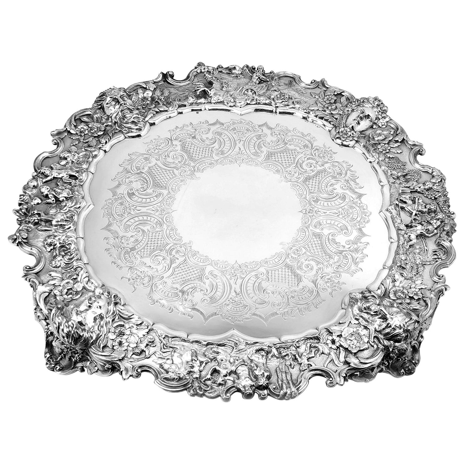 Victorian Extra Large Ornate Silver Plated Salver Tray Platter circa 1880