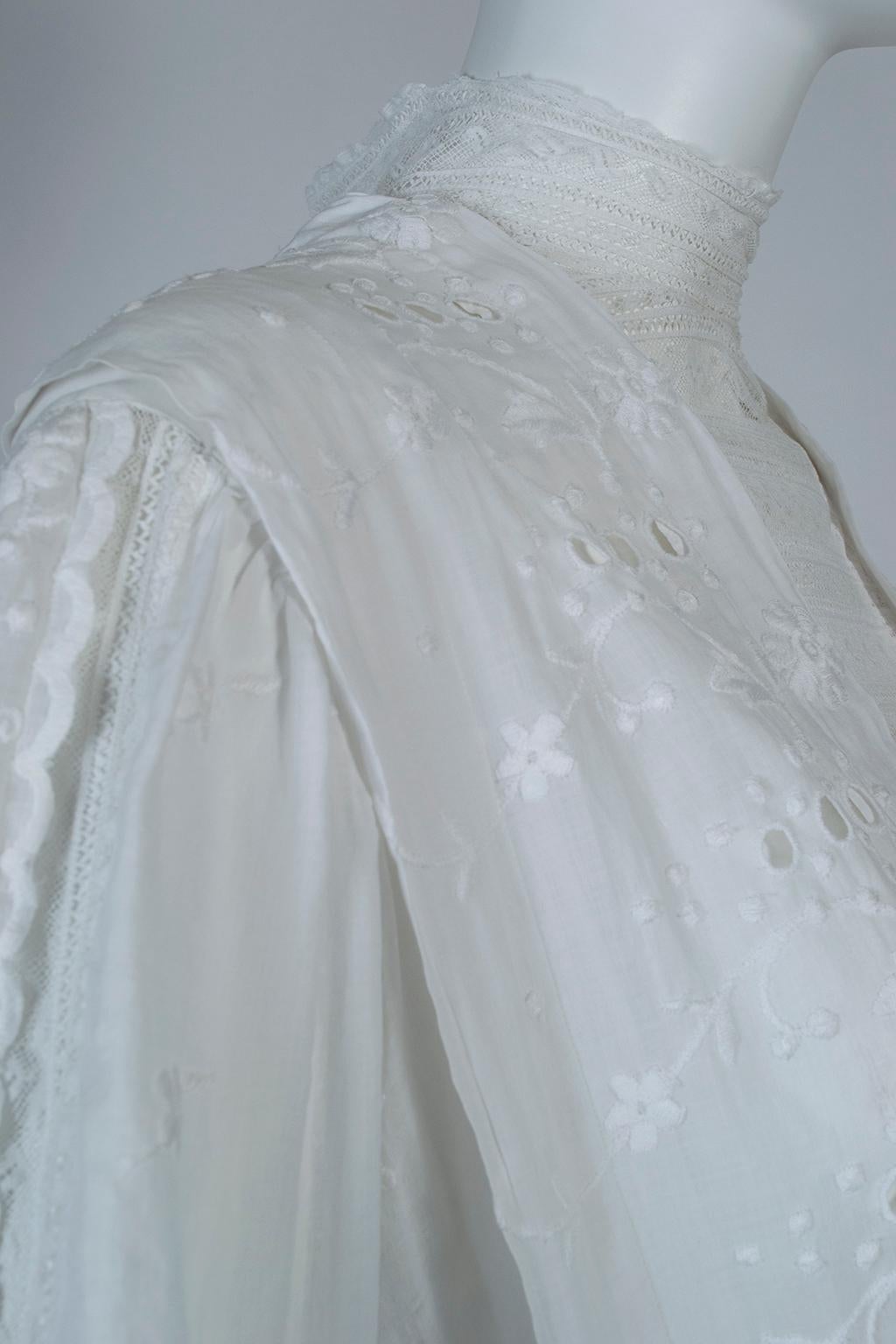 Victorian White Eyelet and Lace Shoulder Pleat Afternoon Tea Dress - M, 1880s 2