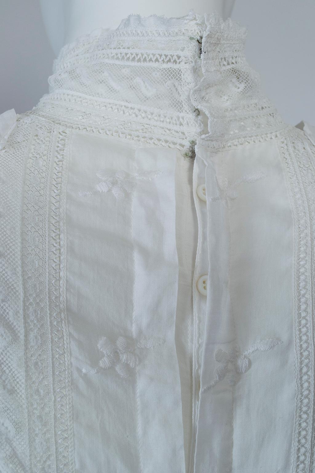 Victorian White Eyelet and Lace Shoulder Pleat Afternoon Tea Dress - M, 1880s 4