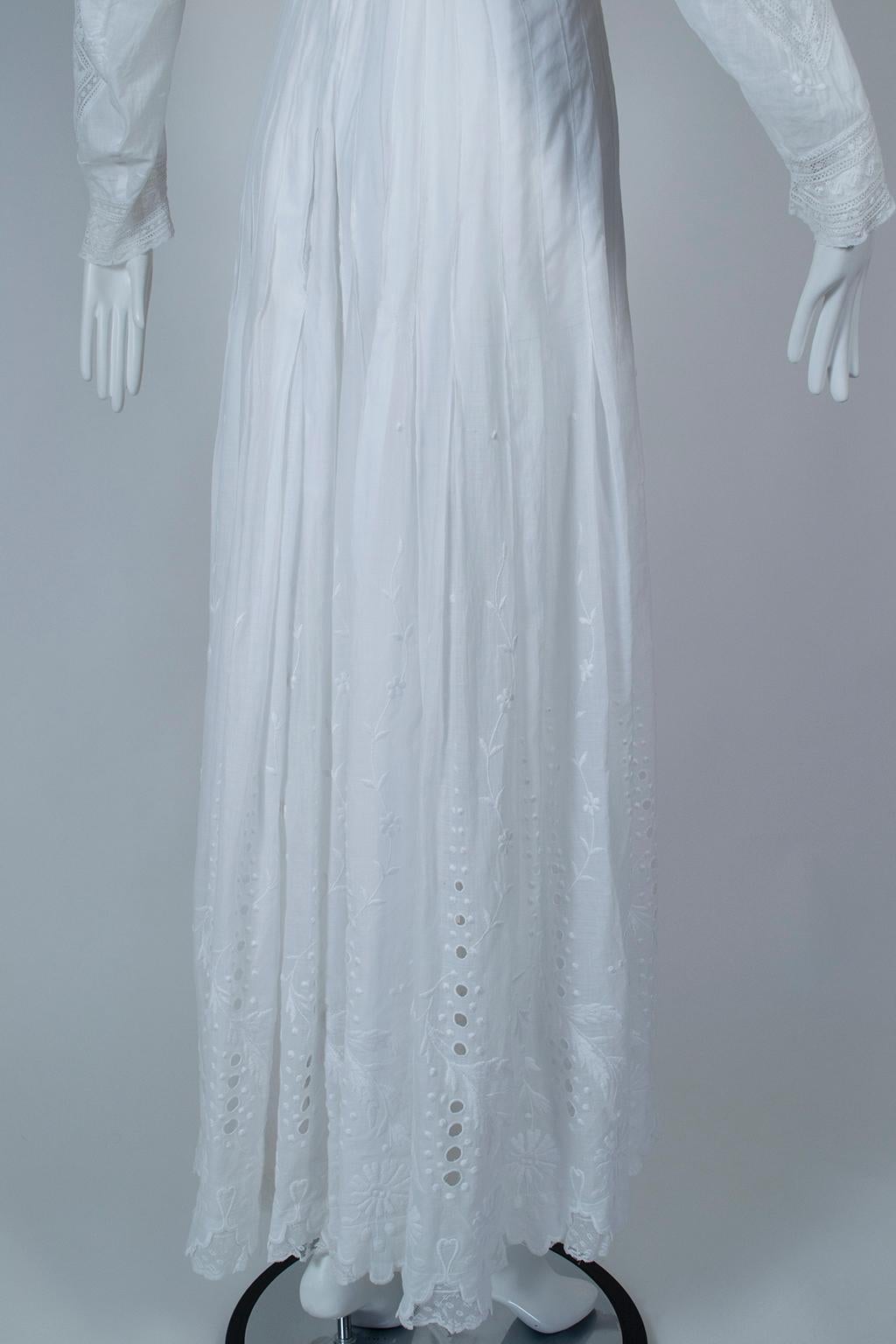 Victorian White Eyelet and Lace Shoulder Pleat Afternoon Tea Dress - M, 1880s 6