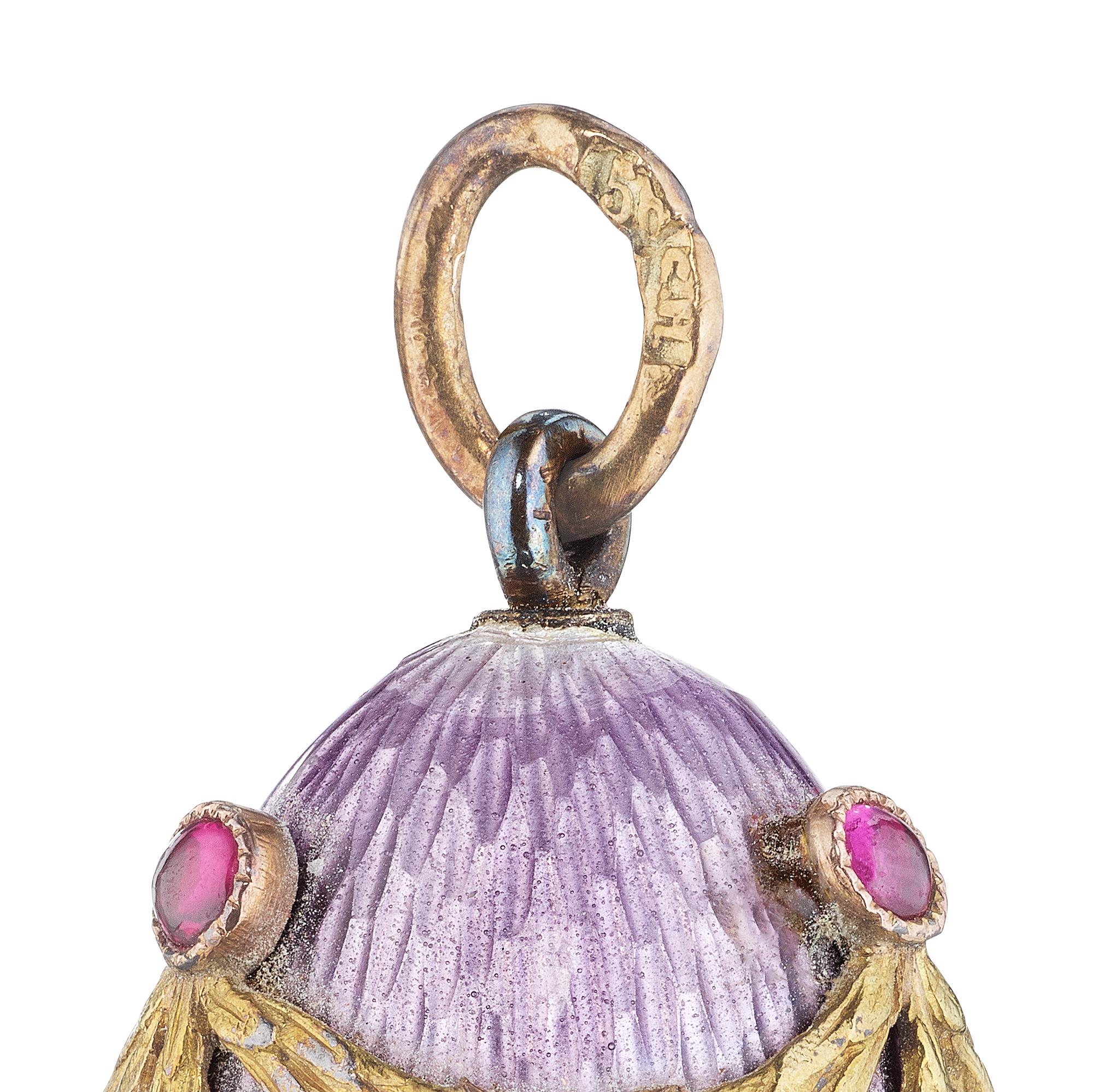 Victorian Faberge Ruby Gold Silver Guilloche Enamel Egg Pendant In Excellent Condition In Greenwich, CT