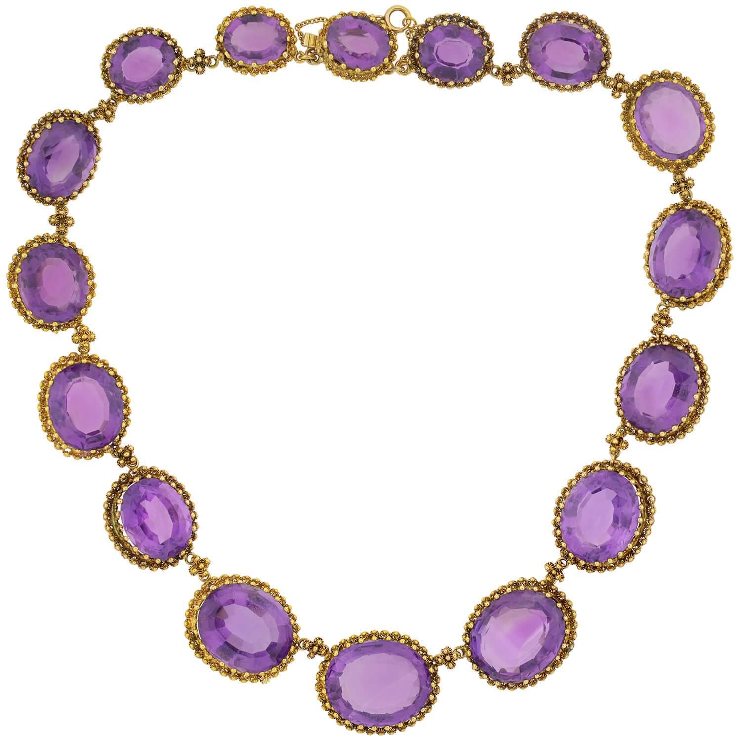Victorian Faceted Amethyst and Cannetille Wirework Link Necklace For Sale