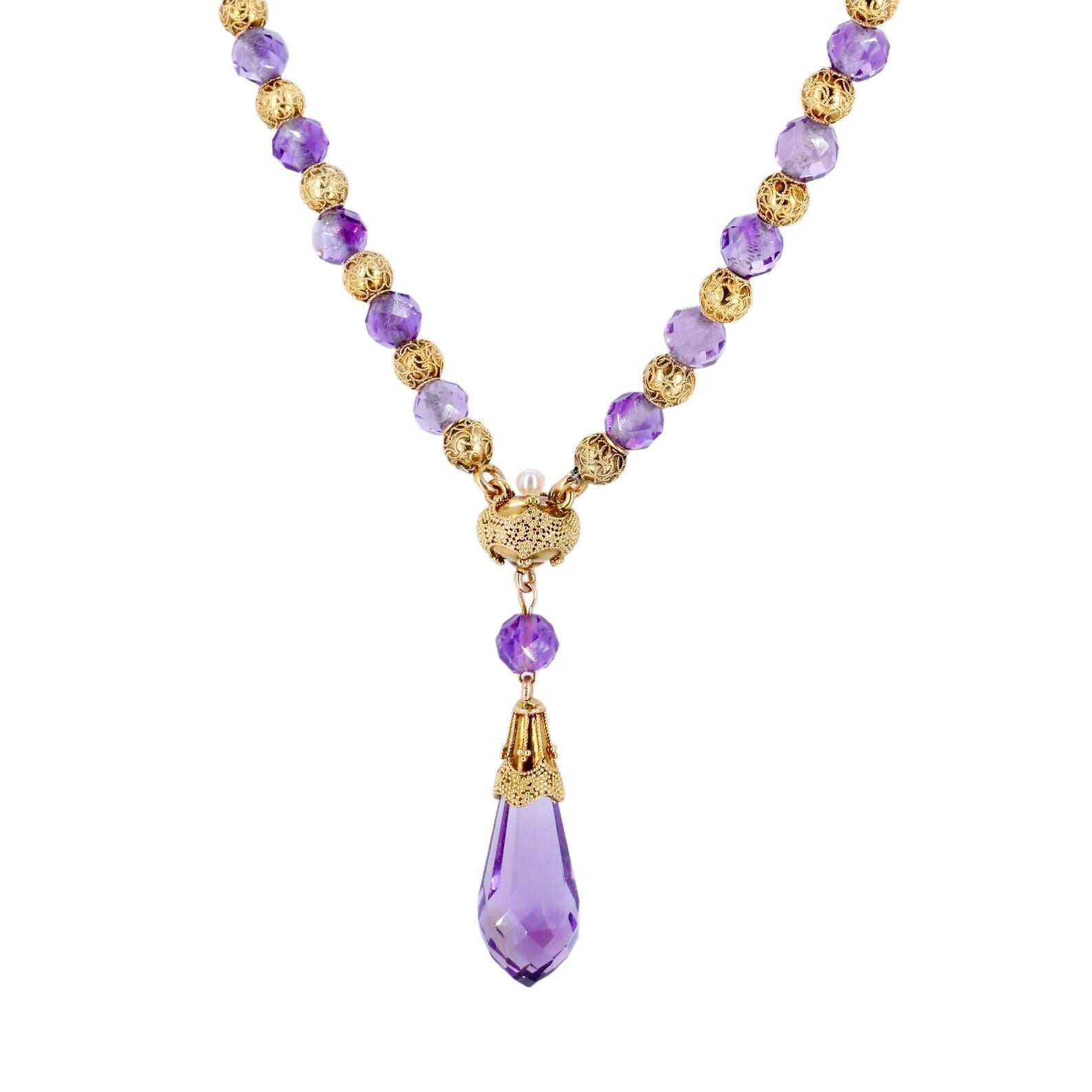 Bead Victorian Faceted Amethyst & Cannetille Gold Filigree Drop Necklace 18 Karat Gol For Sale