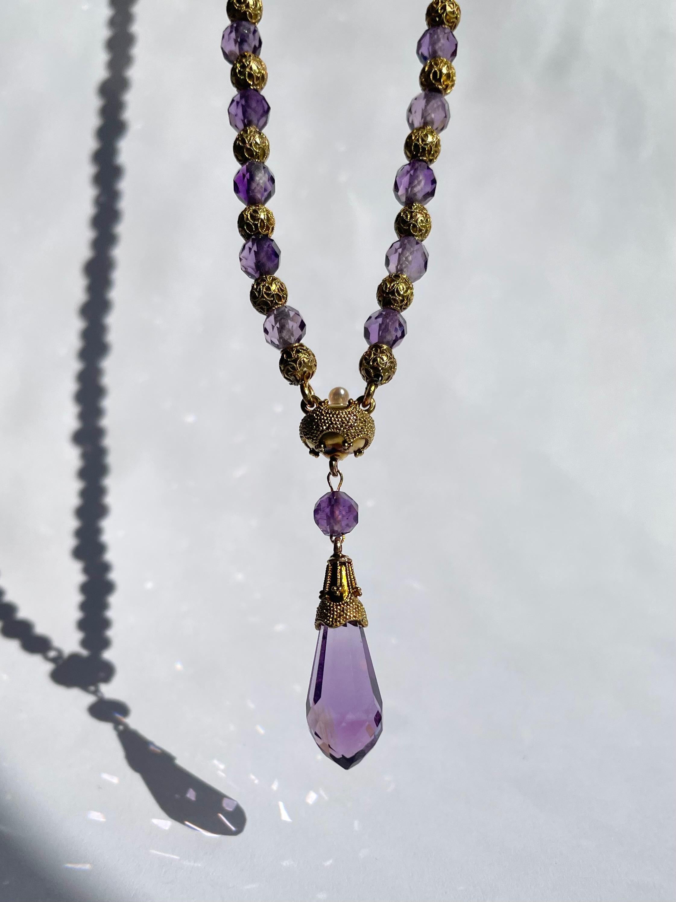 Victorian Faceted Amethyst & Cannetille Gold Filigree Drop Necklace 18 Karat Gol In Good Condition For Sale In Boston, MA