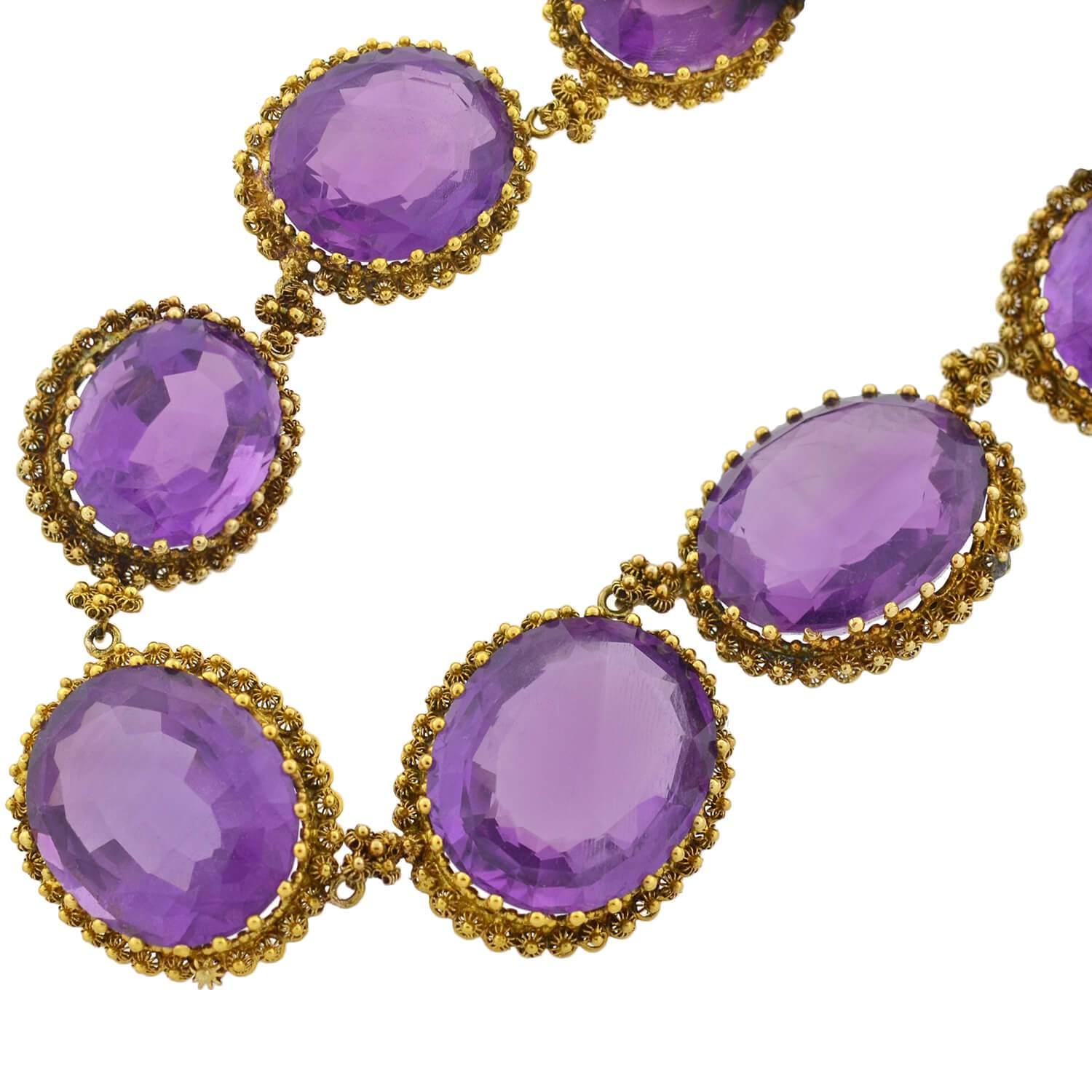 Women's Victorian Faceted Amethyst and Cannetille Wirework Link Necklace For Sale