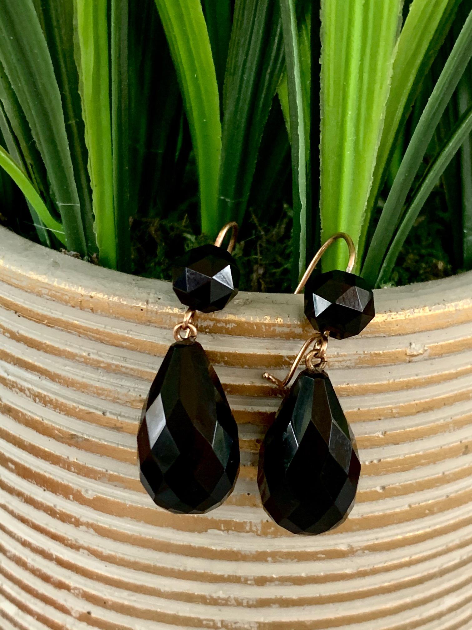 Mixed Cut Victorian Faceted Black Onyx and Gold Wire Teardrop Drop Earrings