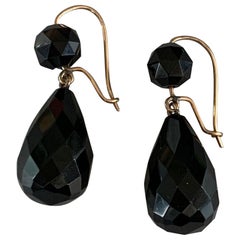 Victorian Faceted Black Onyx and Gold Wire Teardrop Drop Earrings