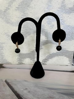 Victorian Faceted Black Onyx & Seed Pearl Drop Pierced Shepherd's Hook Earrings