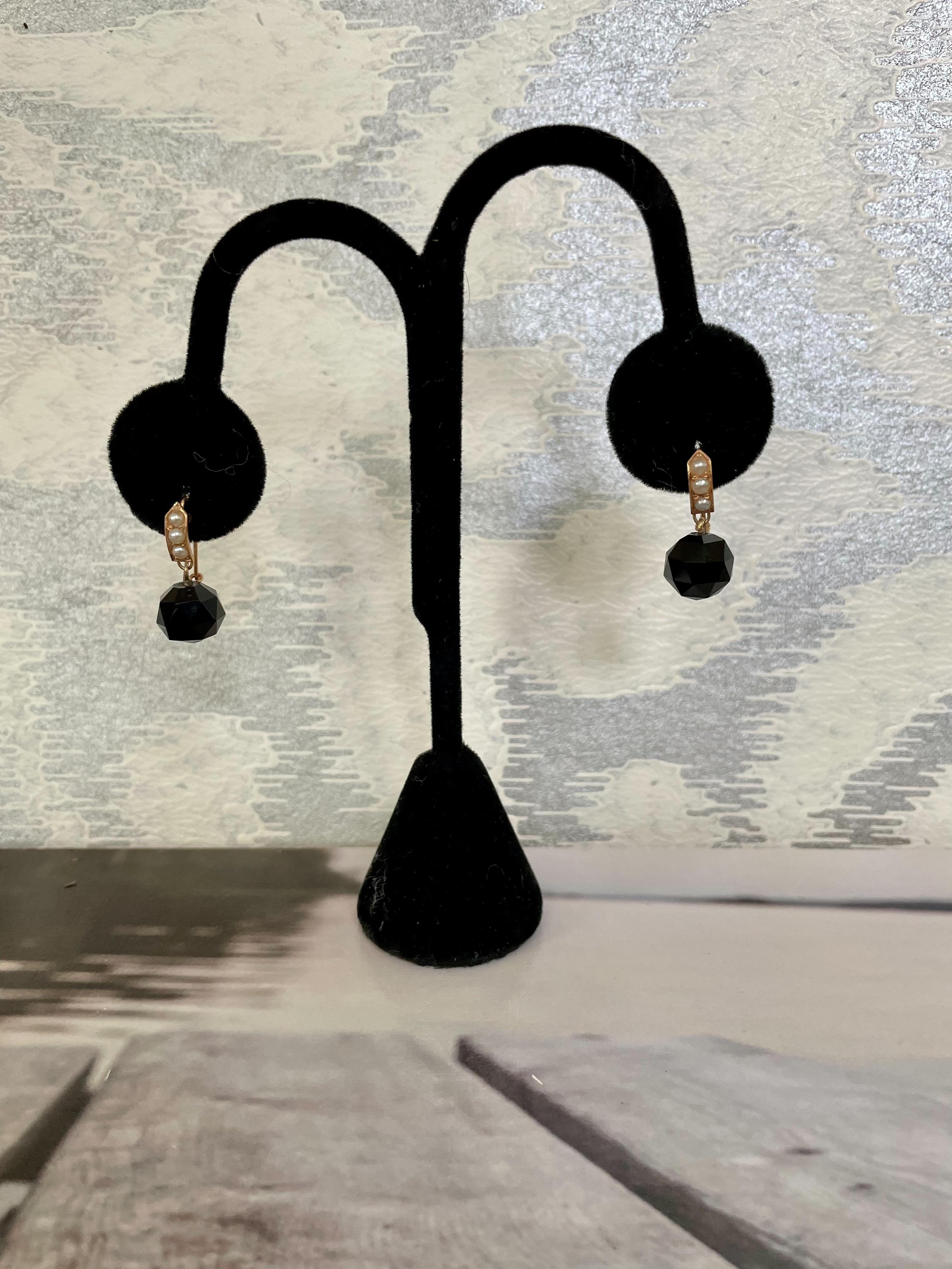 Round Cut Victorian Faceted Black Onyx & Seed Pearl Drop Pierced Shepherd's Hook Earrings