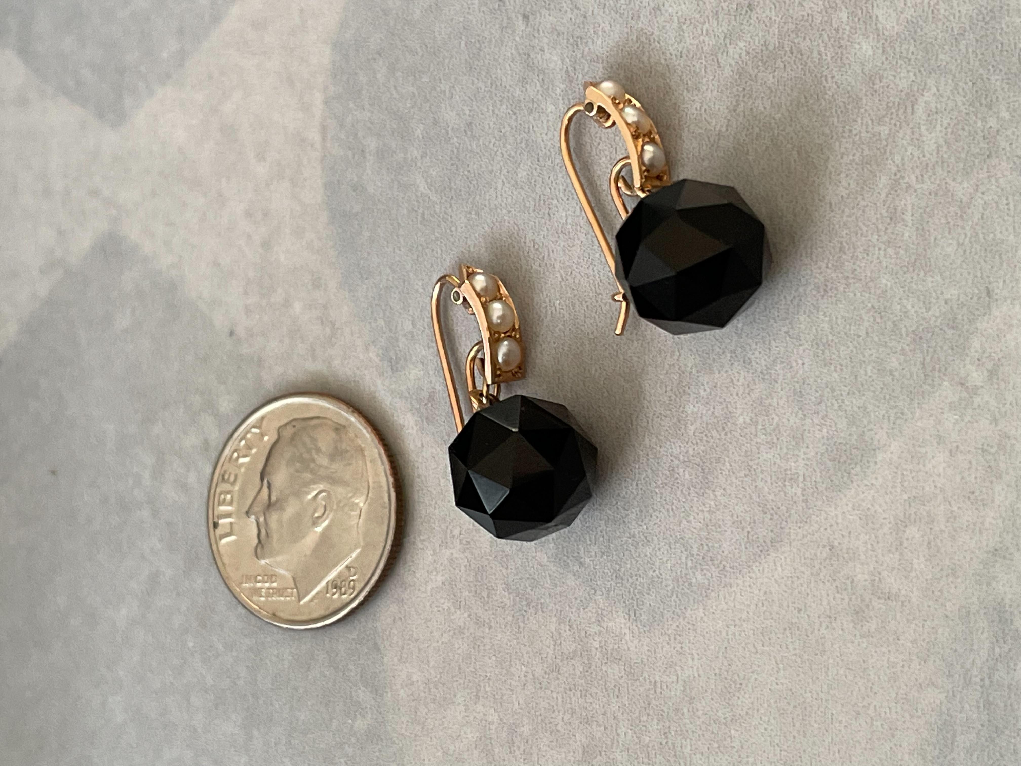 Victorian Faceted Black Onyx & Seed Pearl Drop Pierced Shepherd's Hook Earrings 1