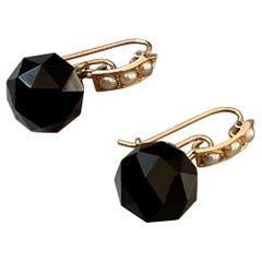 RESERVE LINDA Victorian Faceted Black Onyx & Seed Pearl Drop Pierced Earrings