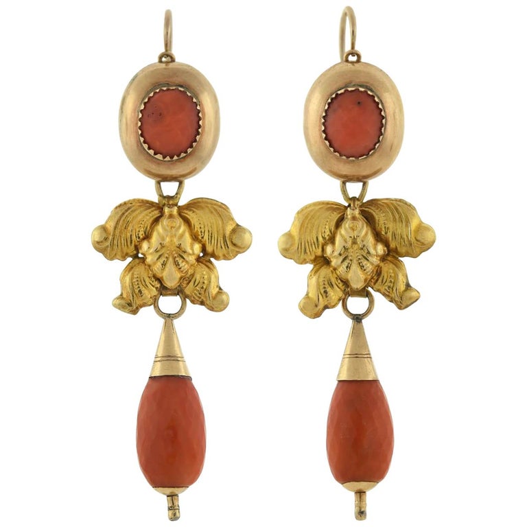 Faceted coral teardrop earrings, ca. 1880, offered by A. Brandt + Son