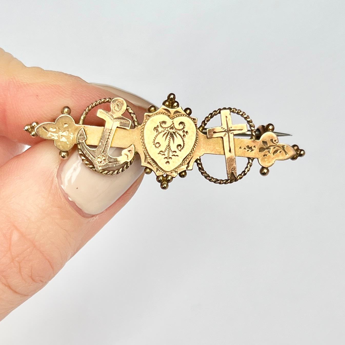 This gorgeous victorian brooch holds an anchor, heart and cross. this stands for Faith, hope and charity. 

Brooch Dimensions: 46x15mm

Weight: 2.2g