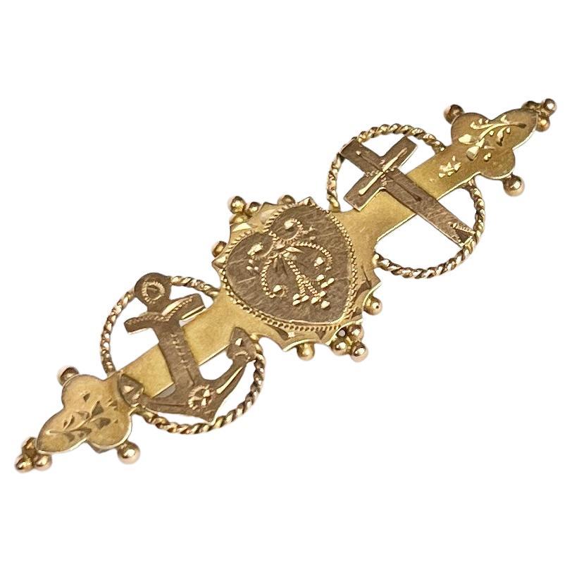 Victorian 'Faith, Hope & Charity' 9 Carat Gold Brooch For Sale