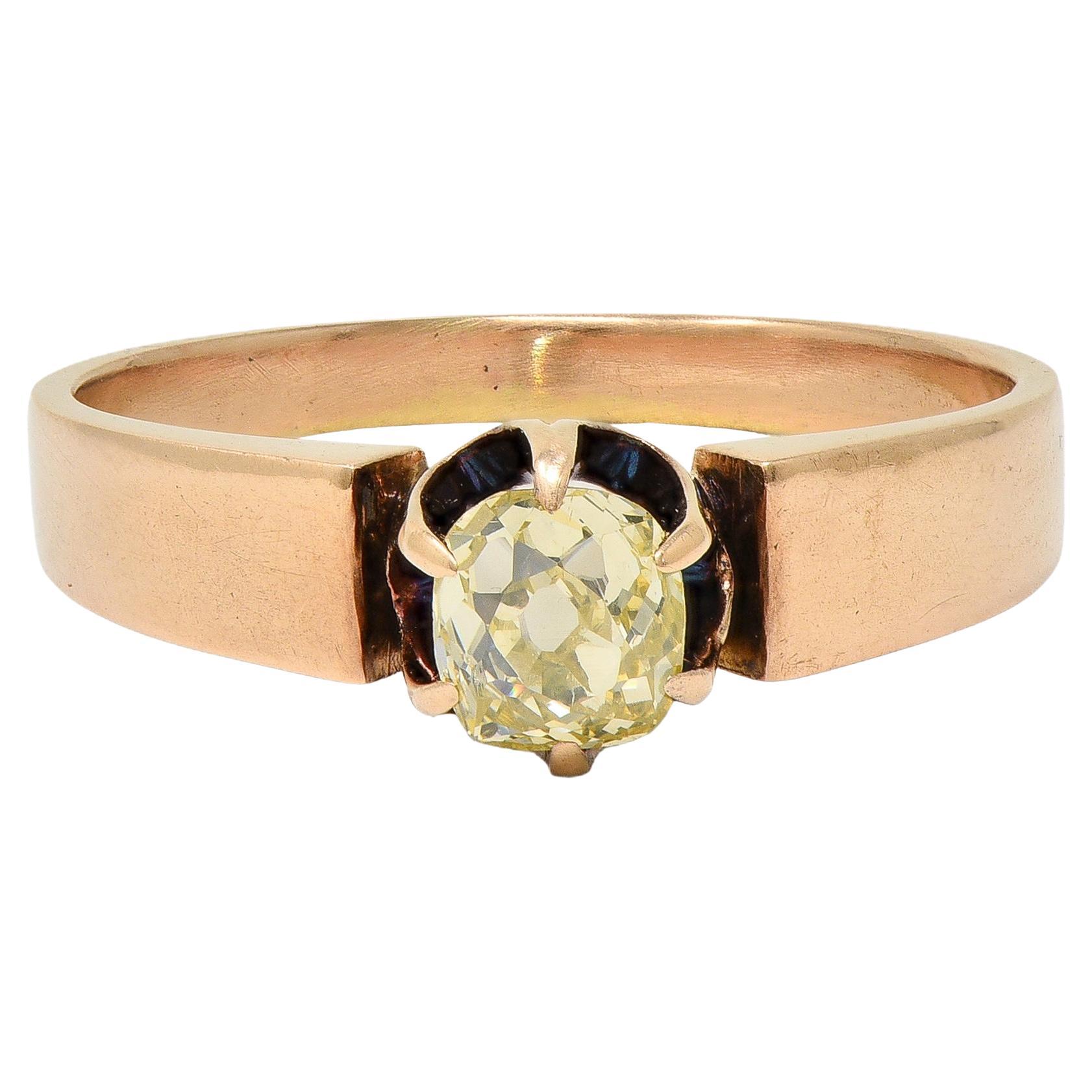 Bague de fiançailles victorienne en or 14K avec diamant mine ancienne de couleur jaune clair