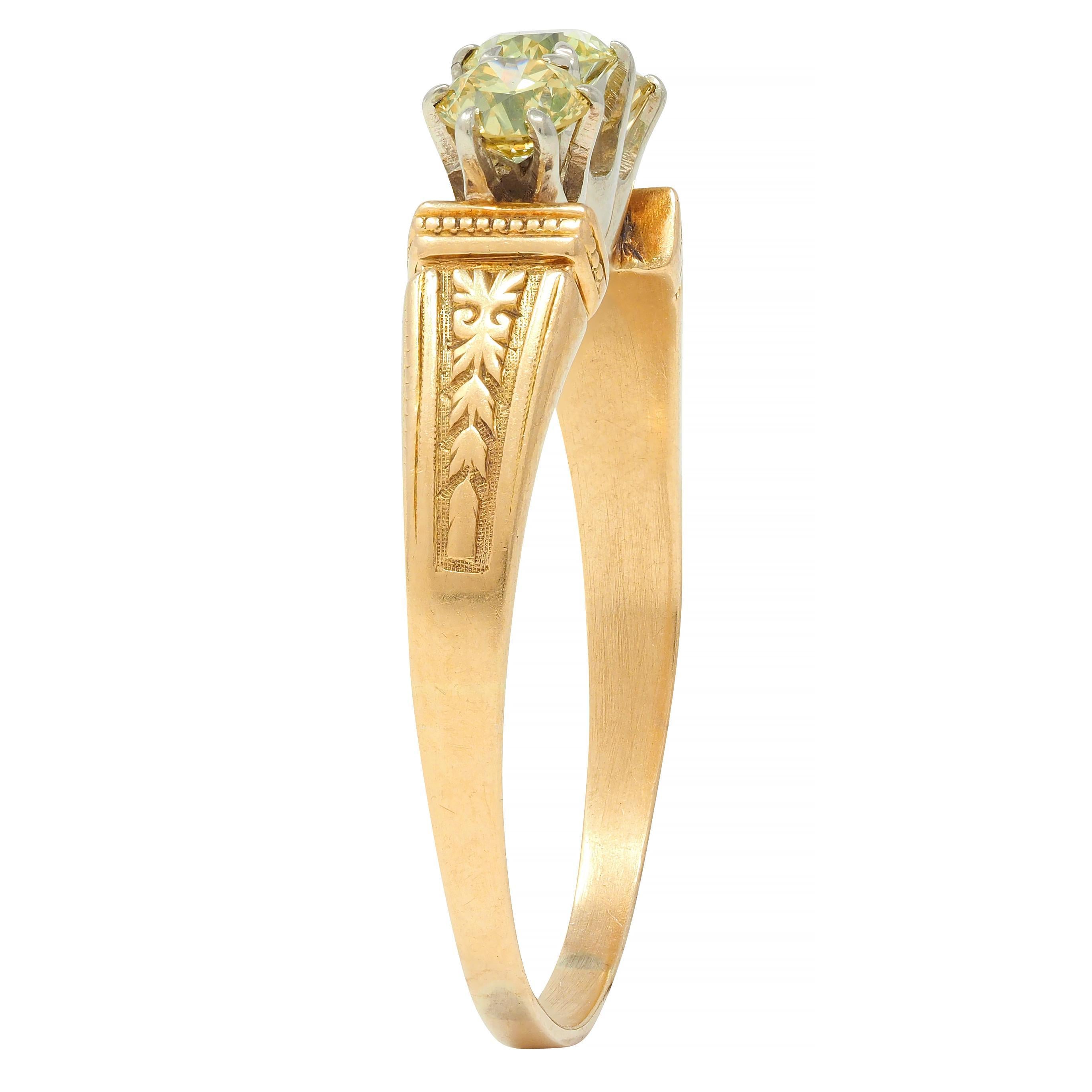 Victorian Fancy Yellow Diamond Platinum 18 Karat Gold Three Stone Antique Ring For Sale 5