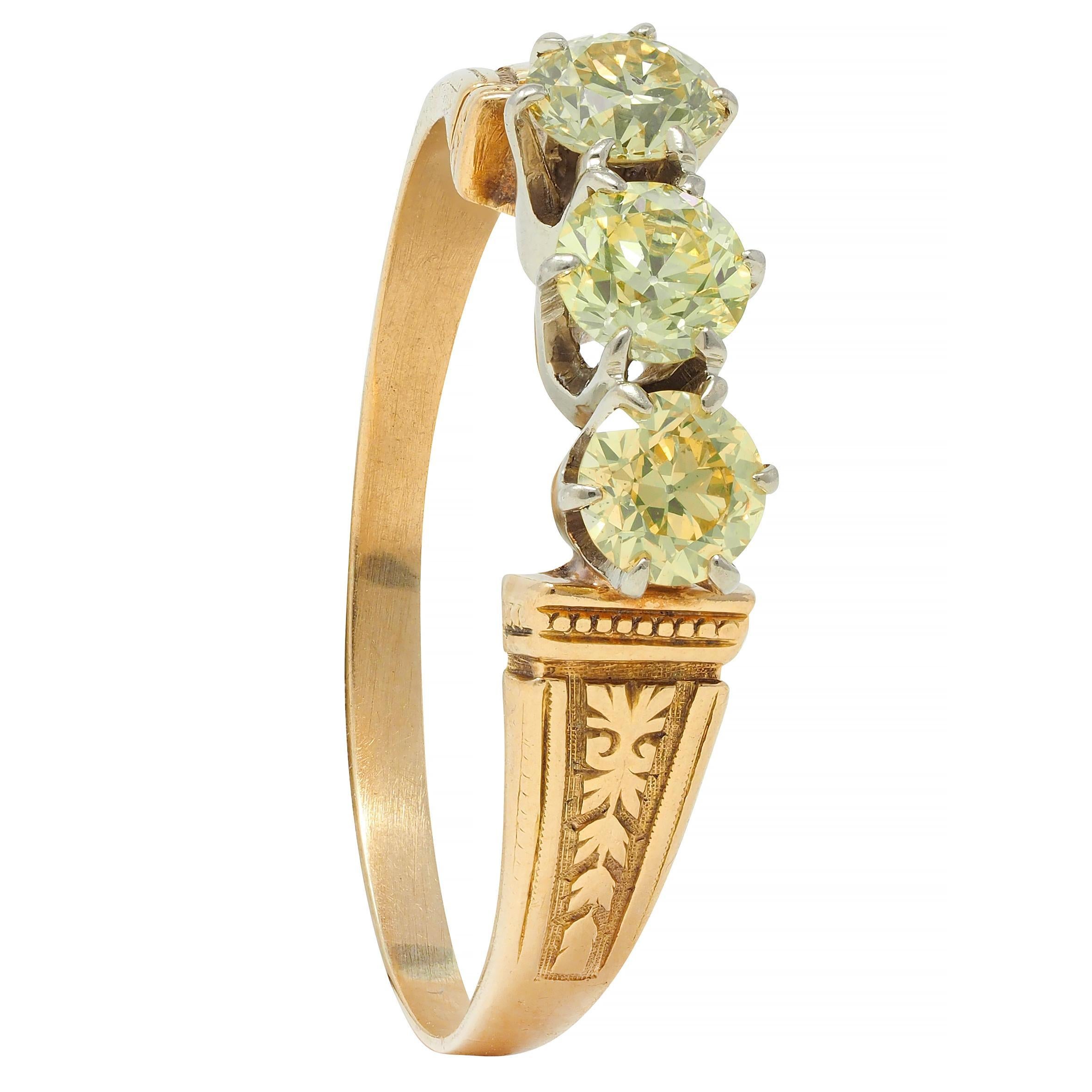 Victorian Fancy Yellow Diamond Platinum 18 Karat Gold Three Stone Antique Ring For Sale 6