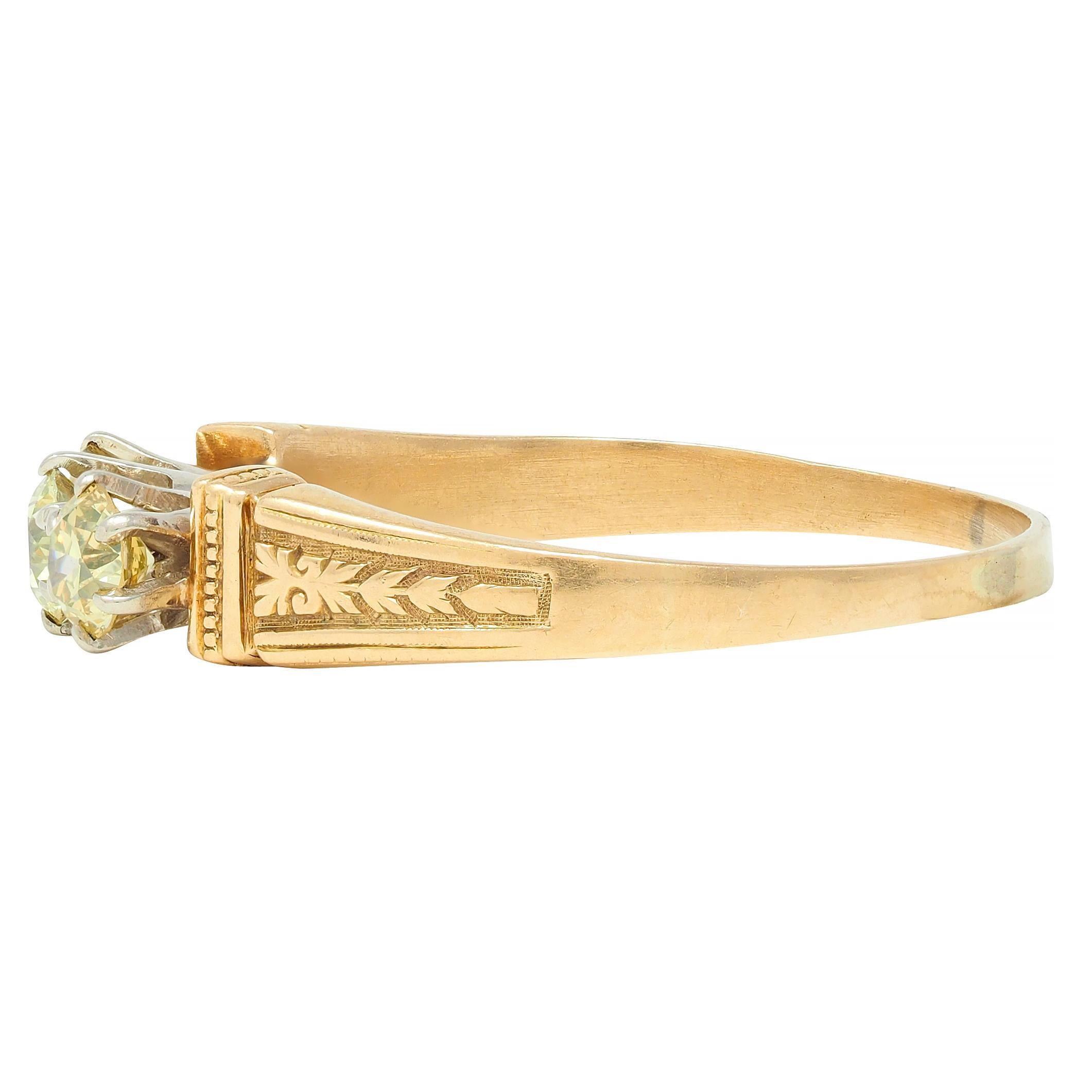 Women's or Men's Victorian Fancy Yellow Diamond Platinum 18 Karat Gold Three Stone Antique Ring For Sale
