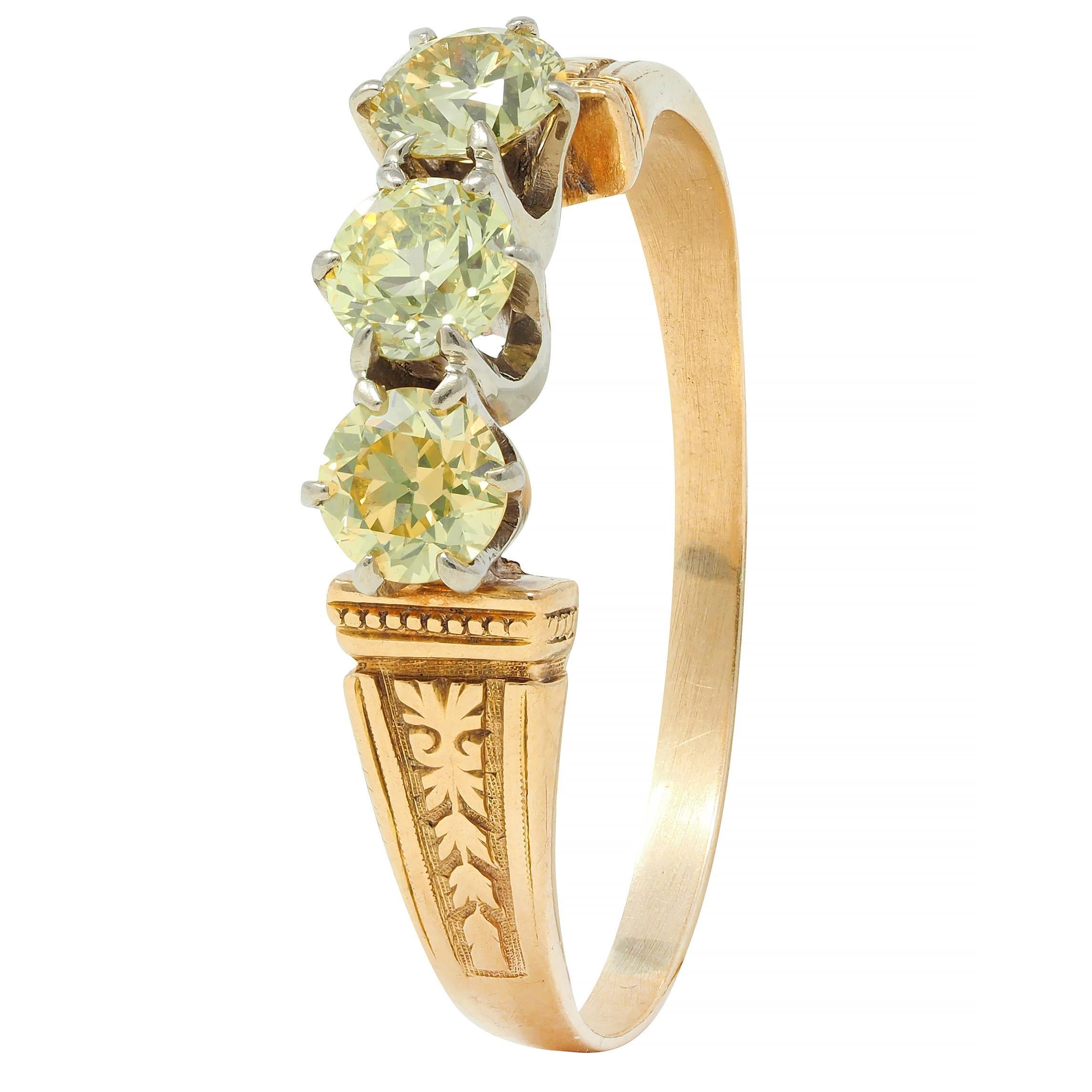 Victorian Fancy Yellow Diamond Platinum 18 Karat Gold Three Stone Antique Ring For Sale 2