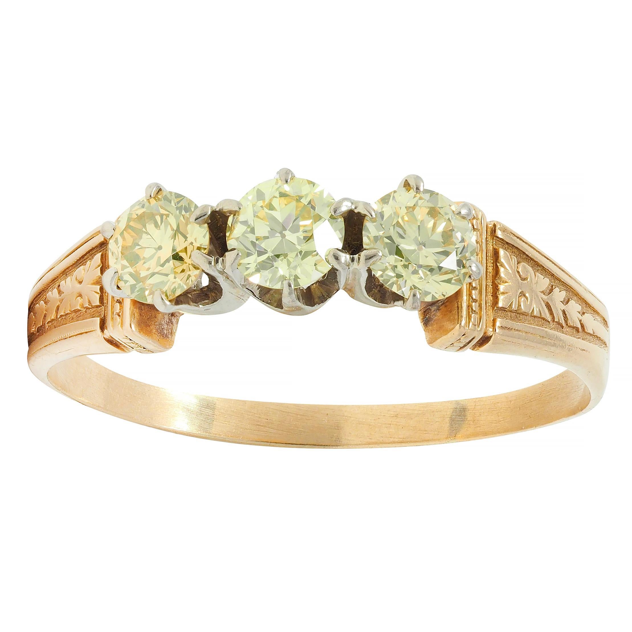 Victorian Fancy Yellow Diamond Platinum 18 Karat Gold Three Stone Antique Ring For Sale 3