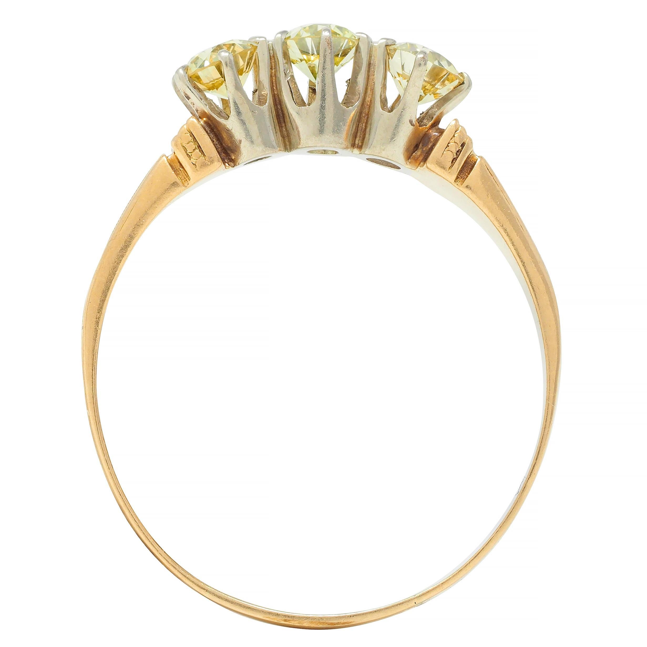 Victorian Fancy Yellow Diamond Platinum 18 Karat Gold Three Stone Antique Ring For Sale 4