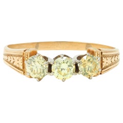 Antiker viktorianischer dreisteiniger viktorianischer Fancy Gelber Diamant Platin 18 Karat Gold Ring