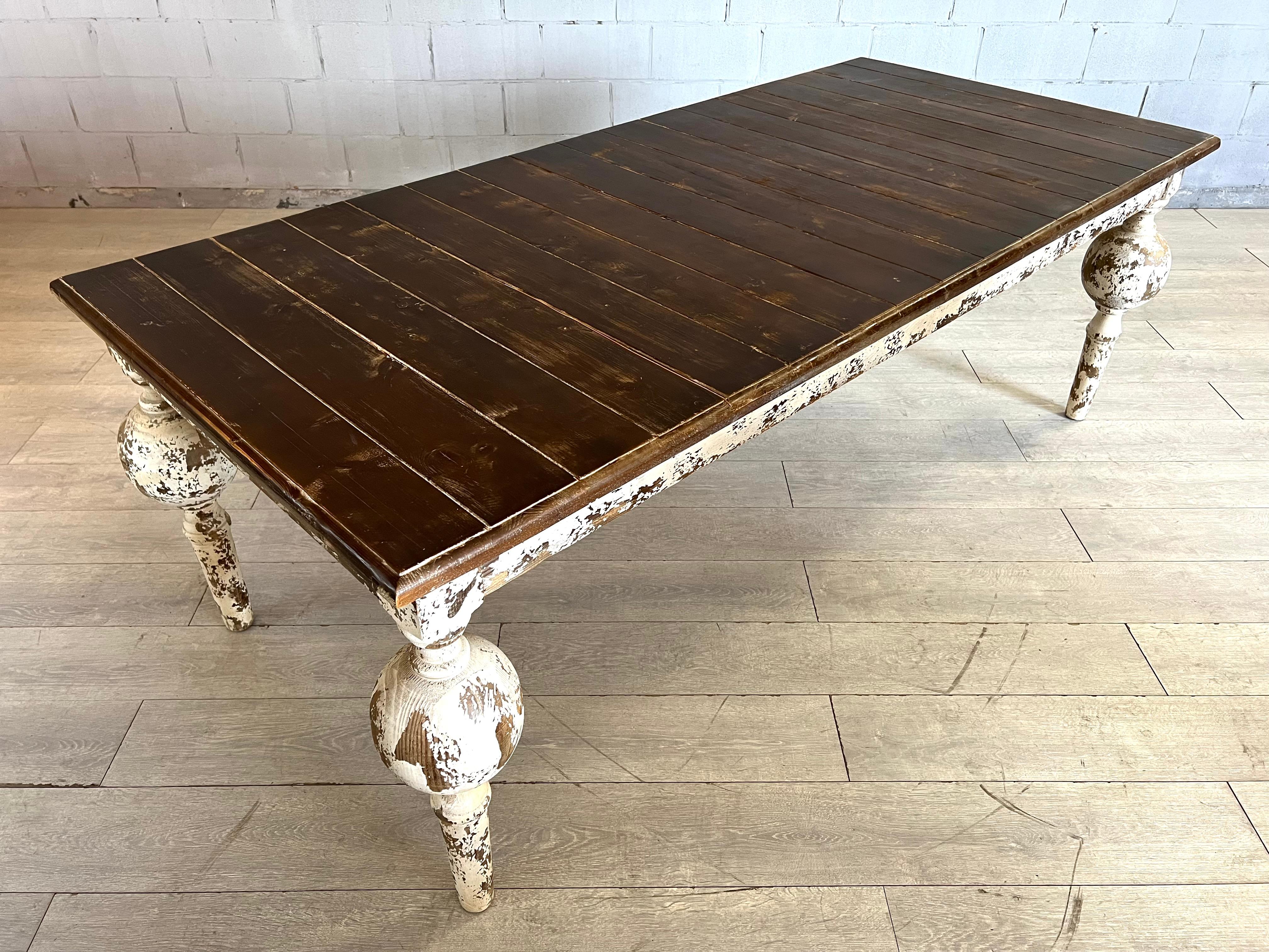 20th Century Victorian Farmhouse Whitewashed Distressed Wood Dining Table