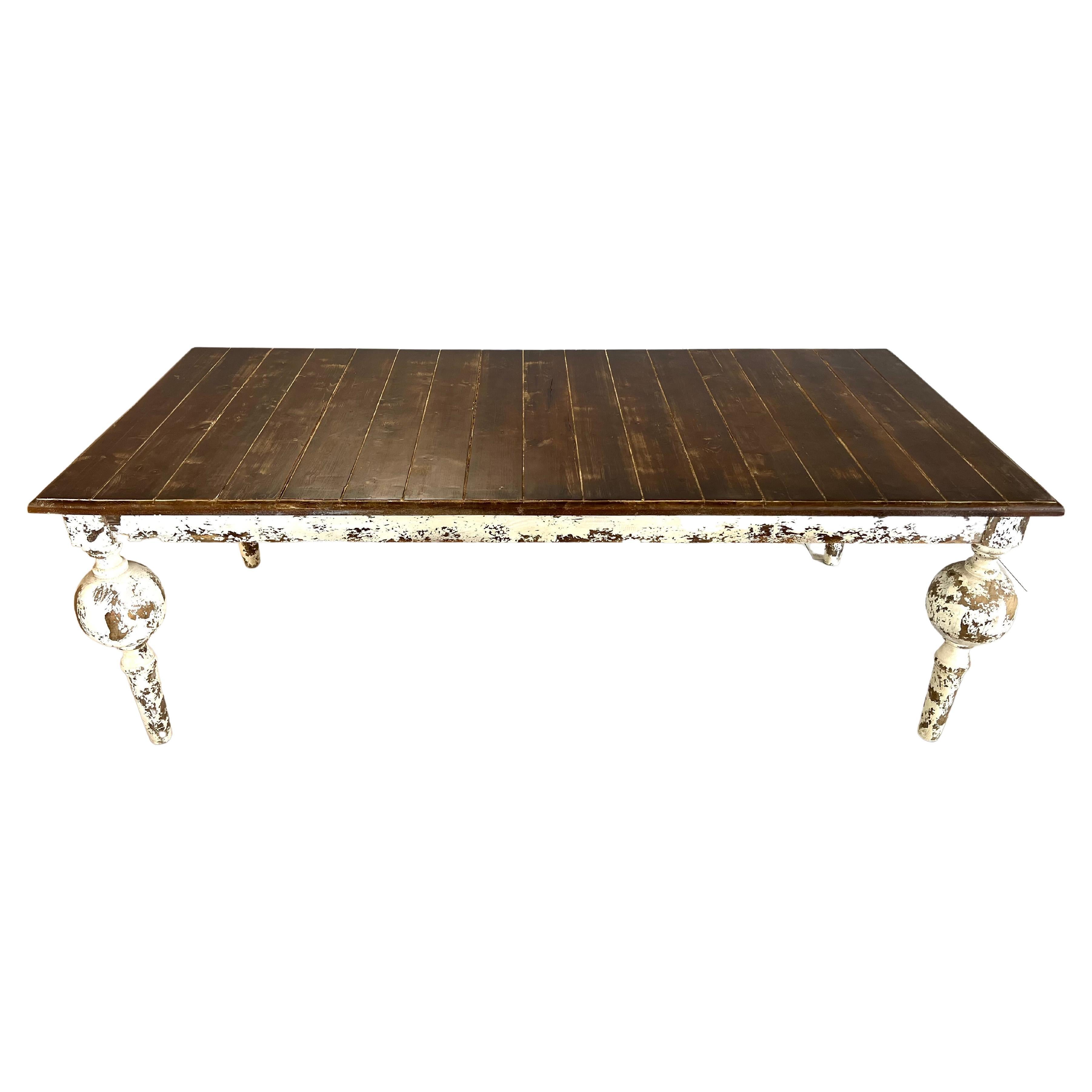 Victorian Farmhouse Whitewashed Distressed Wood Dining Table