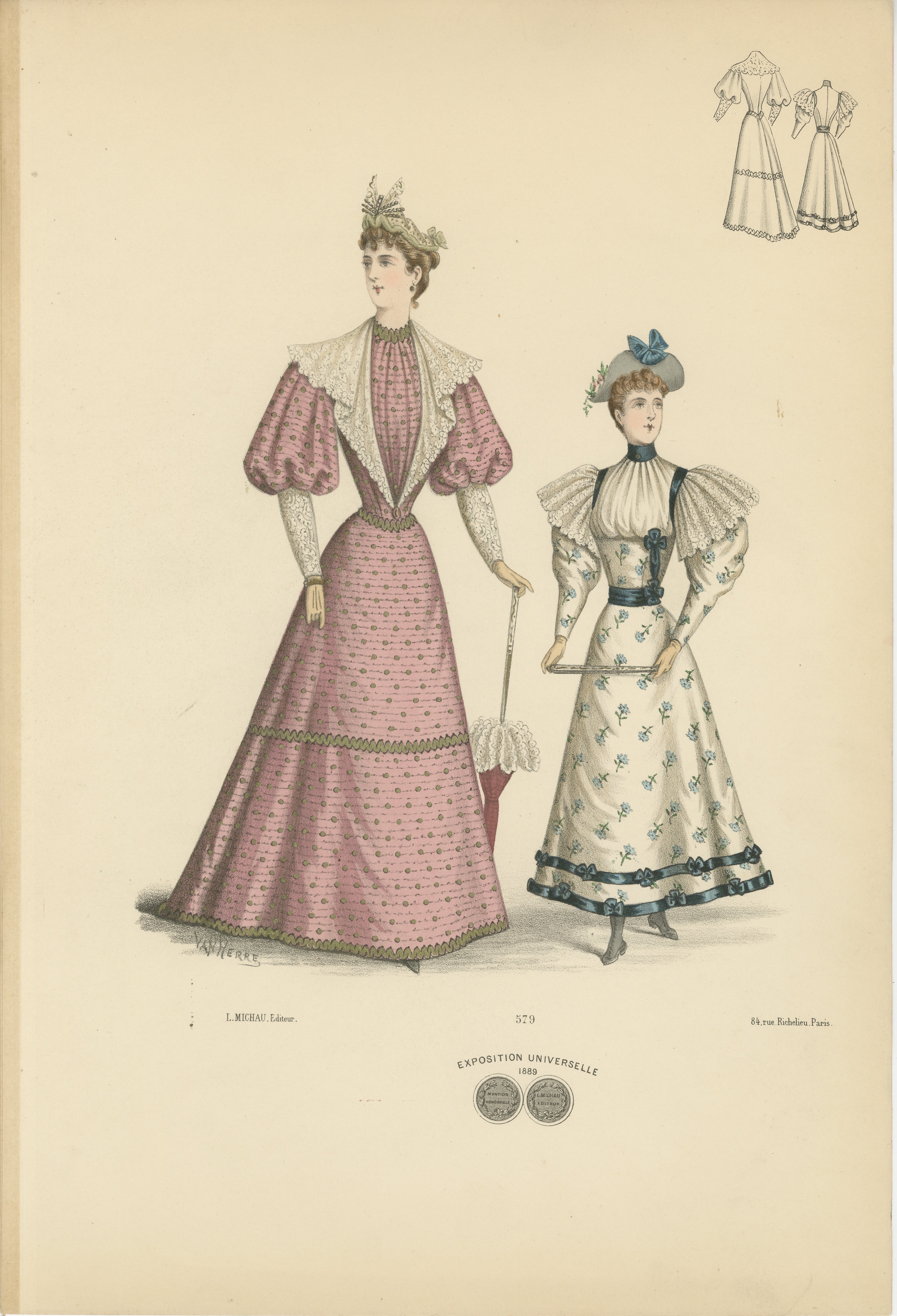 Diese Lithografie zeigt zwei Frauen in modischer Kleidung aus dem Jahr 1889 und veranschaulicht die Vielfalt der Stile und Designs, die für die spätviktorianische Ära charakteristisch waren. Die Frauen sind in verschiedenen Outfits dargestellt,