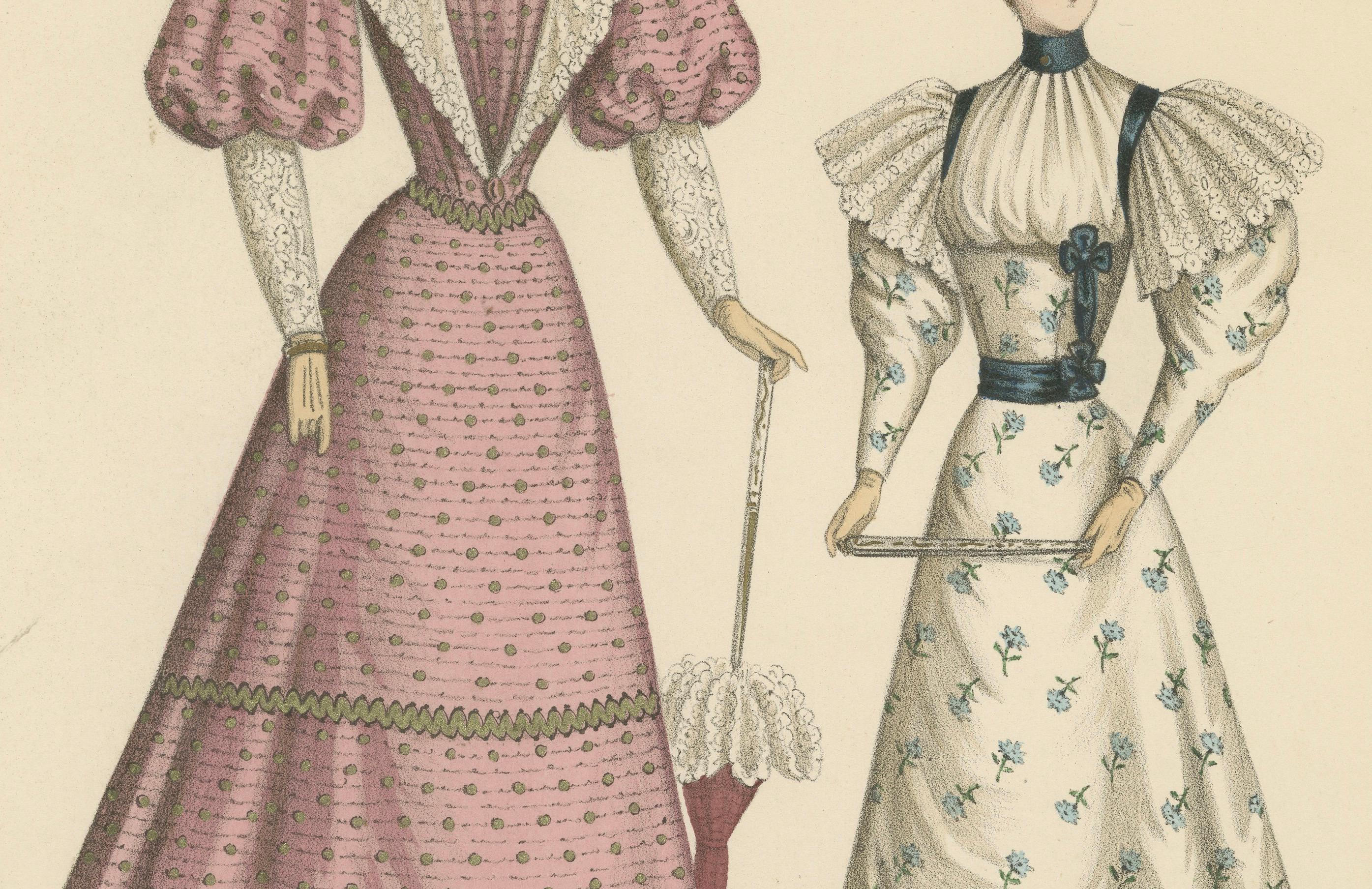 Viktorianische Modebüchsen: Elegante Ensembles in Lithografien Herausgegeben 1889 (Spätes 19. Jahrhundert) im Angebot