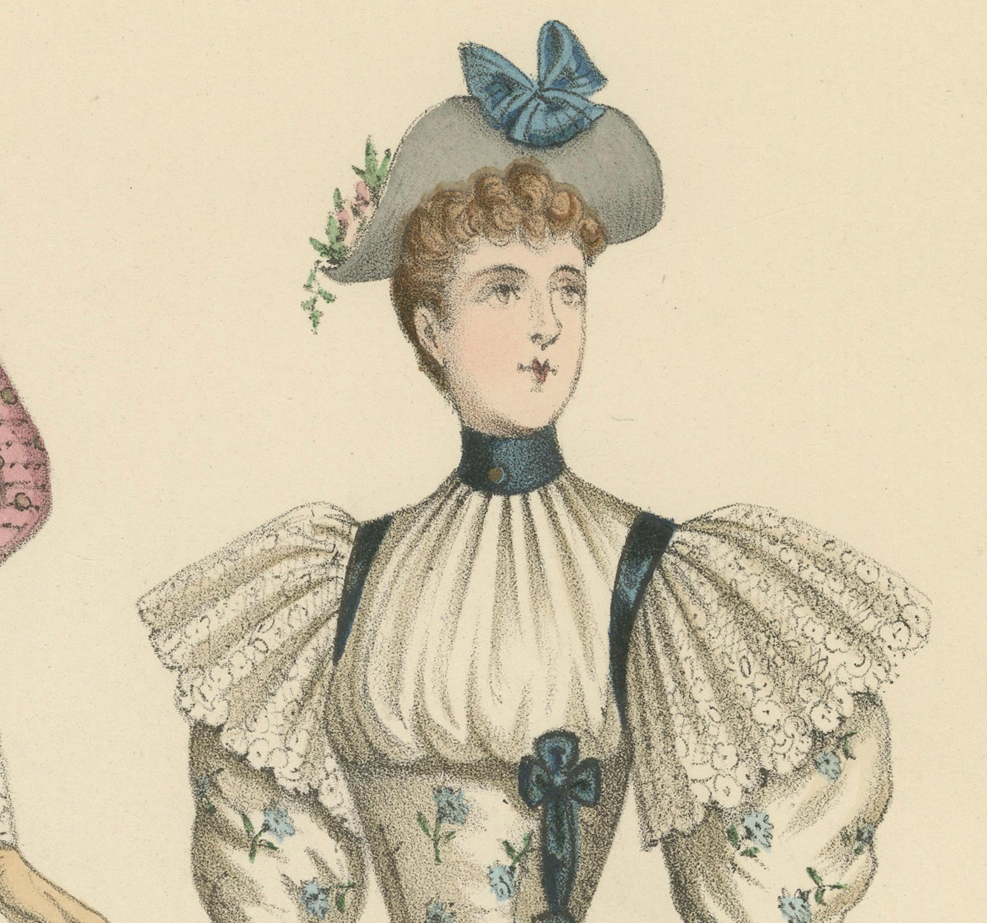 Viktorianische Modebüchsen: Elegante Ensembles in Lithografien Herausgegeben 1889 (Papier) im Angebot