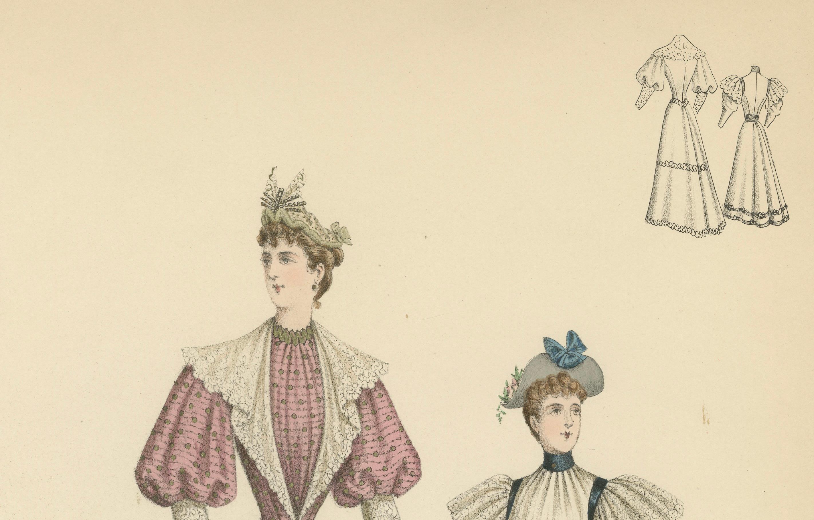 Viktorianische Modebüchsen: Elegante Ensembles in Lithografien Herausgegeben 1889 im Angebot 2