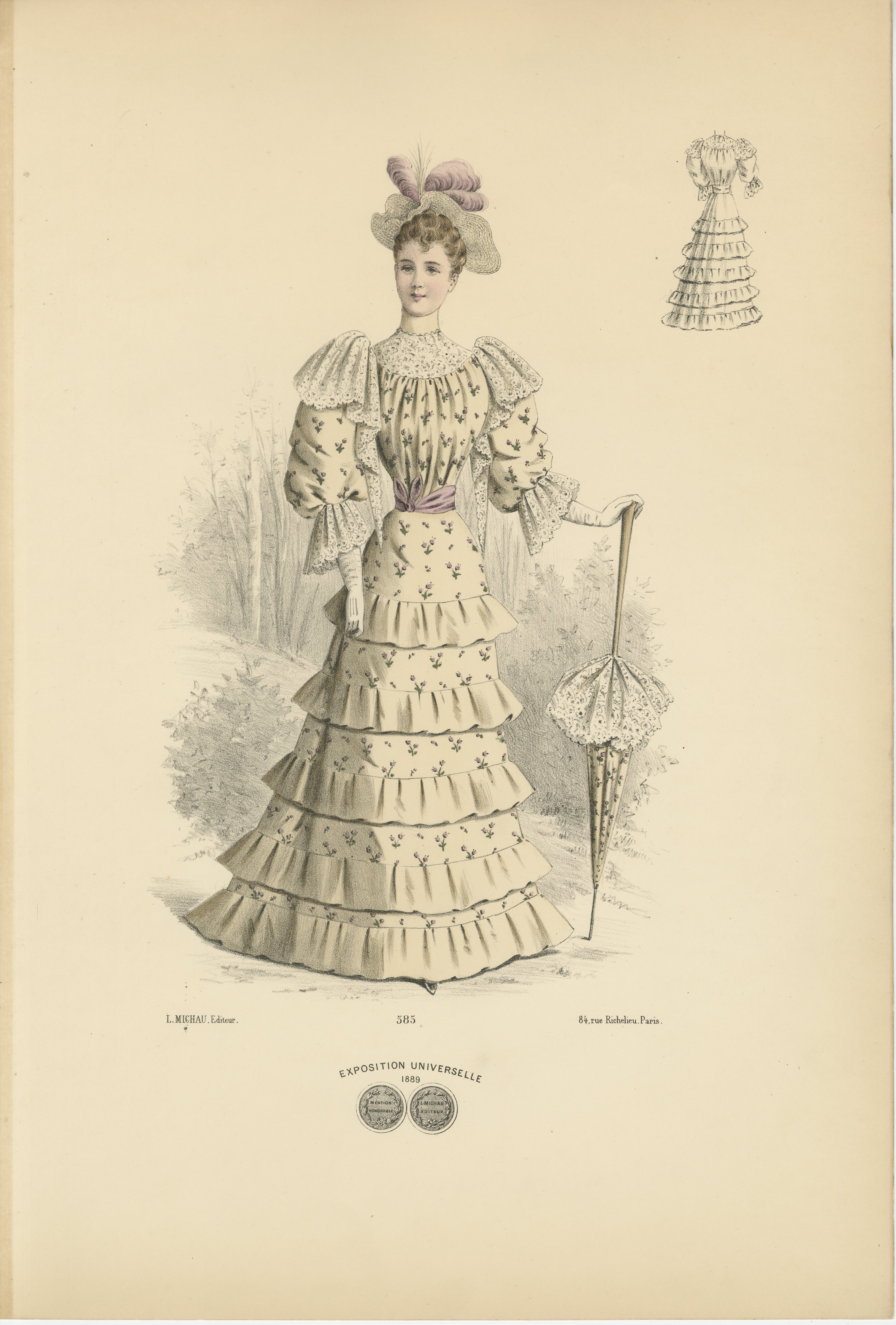 This lithograph showcases a fashionable woman from 1889, dressed in a highly detailed and decorative gown. The dress is characterized by multiple tiers of ruffled fabric, adorned with a small floral pattern that adds a delicate and feminine touch to