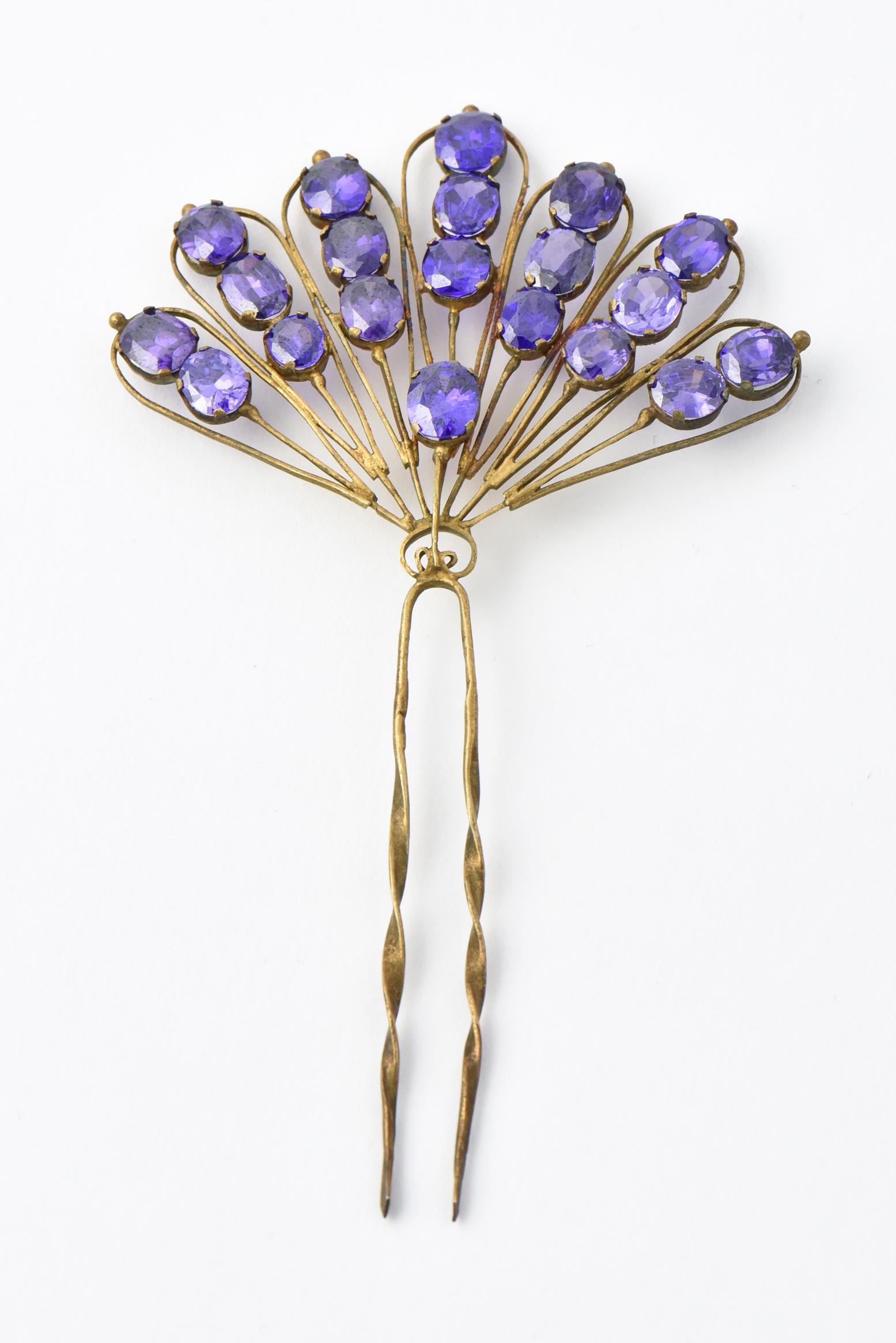 Victorian Faux Amethyst Gilt Hair Comb For Sale 2