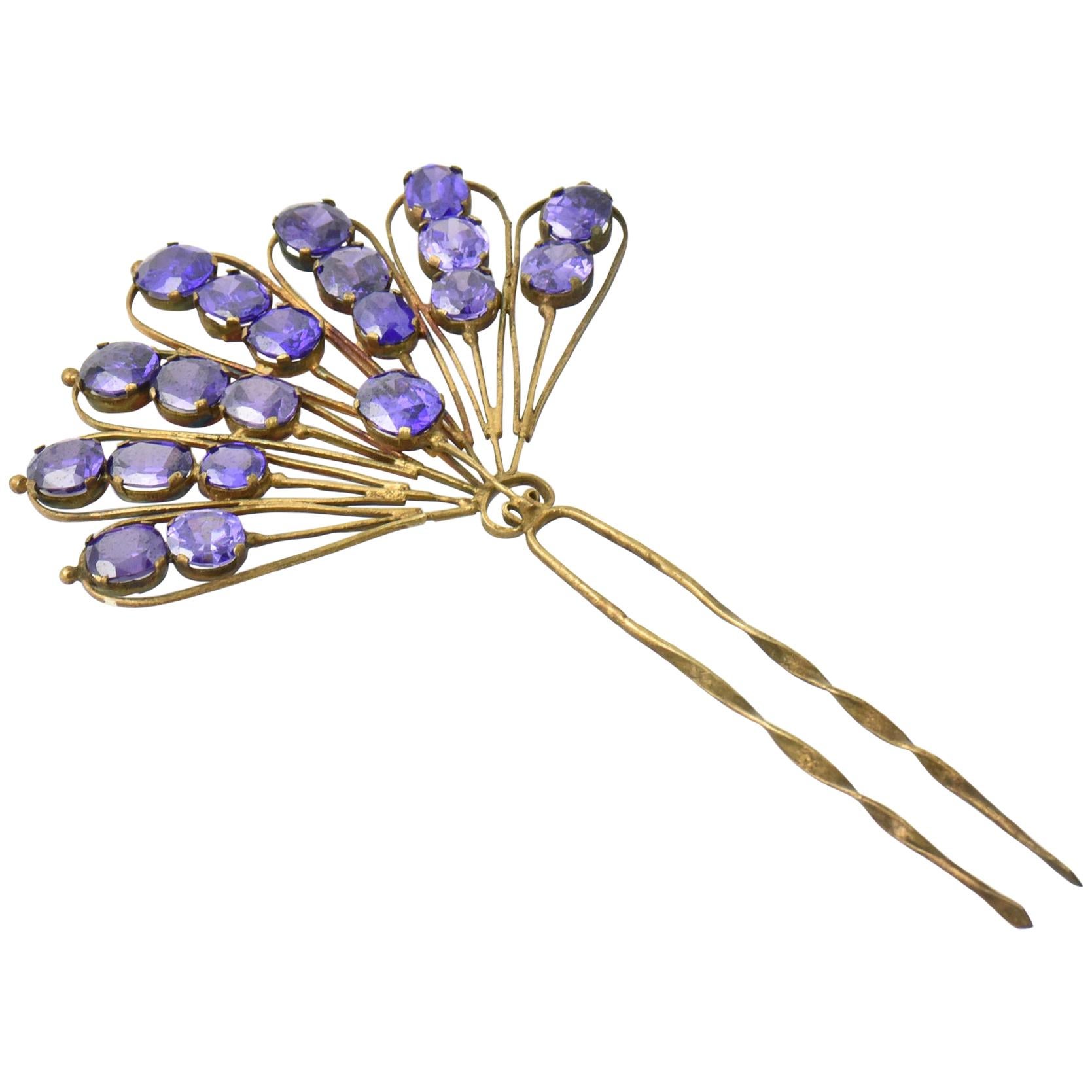 Victorian Faux Amethyst Gilt Hair Comb For Sale