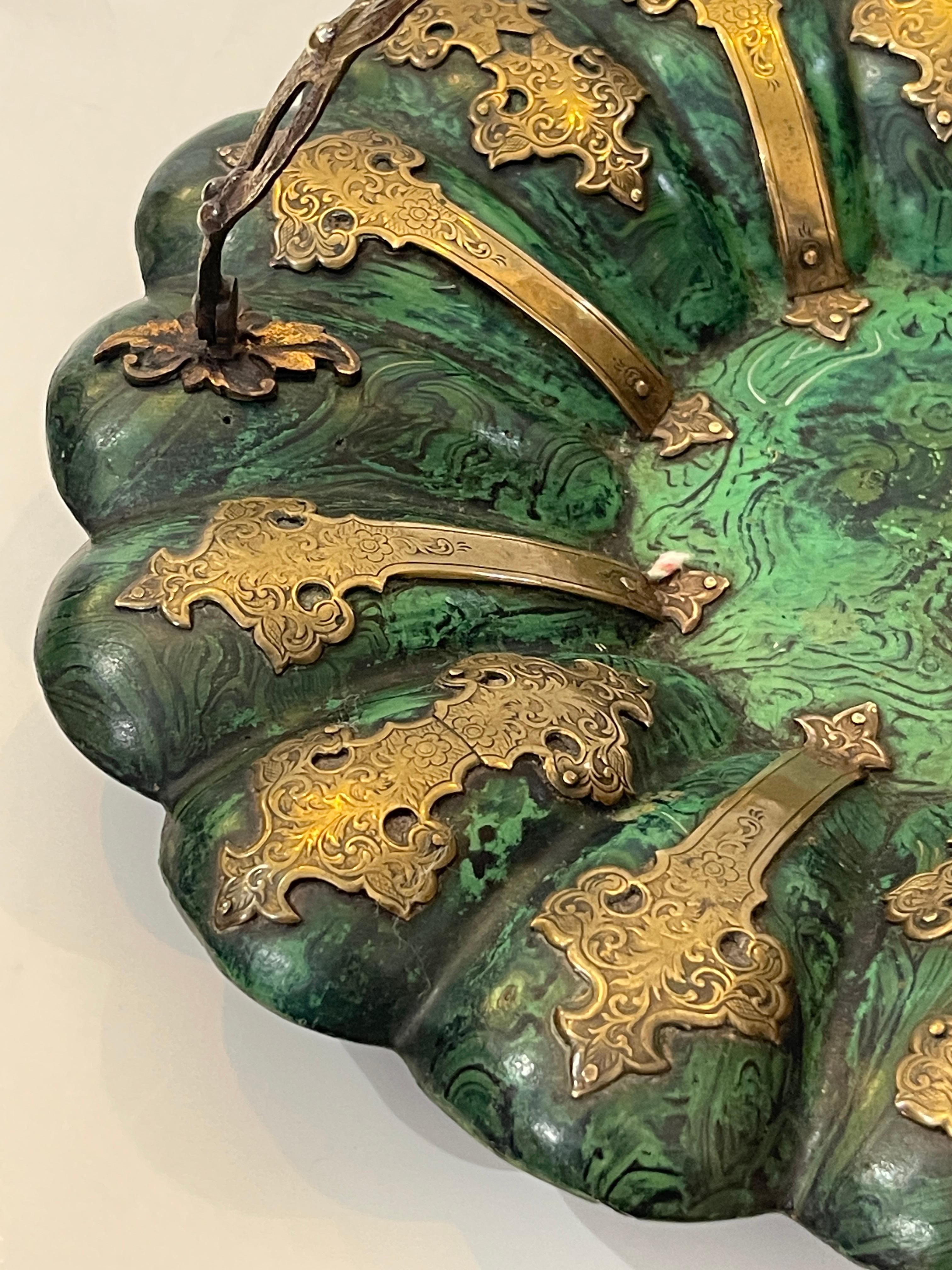Hand-Crafted Victorian Faux Malachite & Brass Papier Mache Basket, Alsager & Neville c.1870 For Sale
