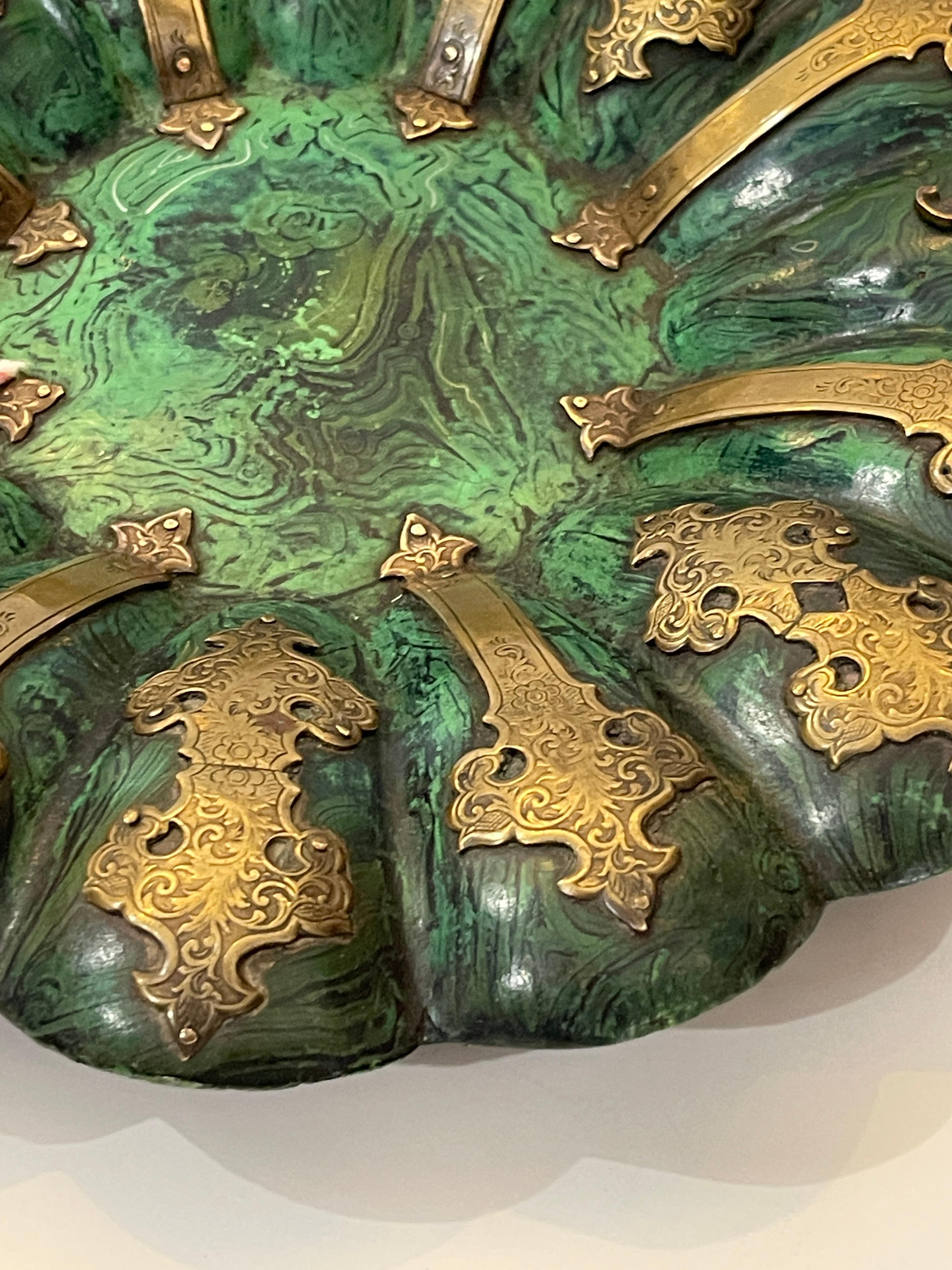 19th Century Victorian Faux Malachite & Brass Papier Mache Basket, Alsager & Neville c.1870 For Sale