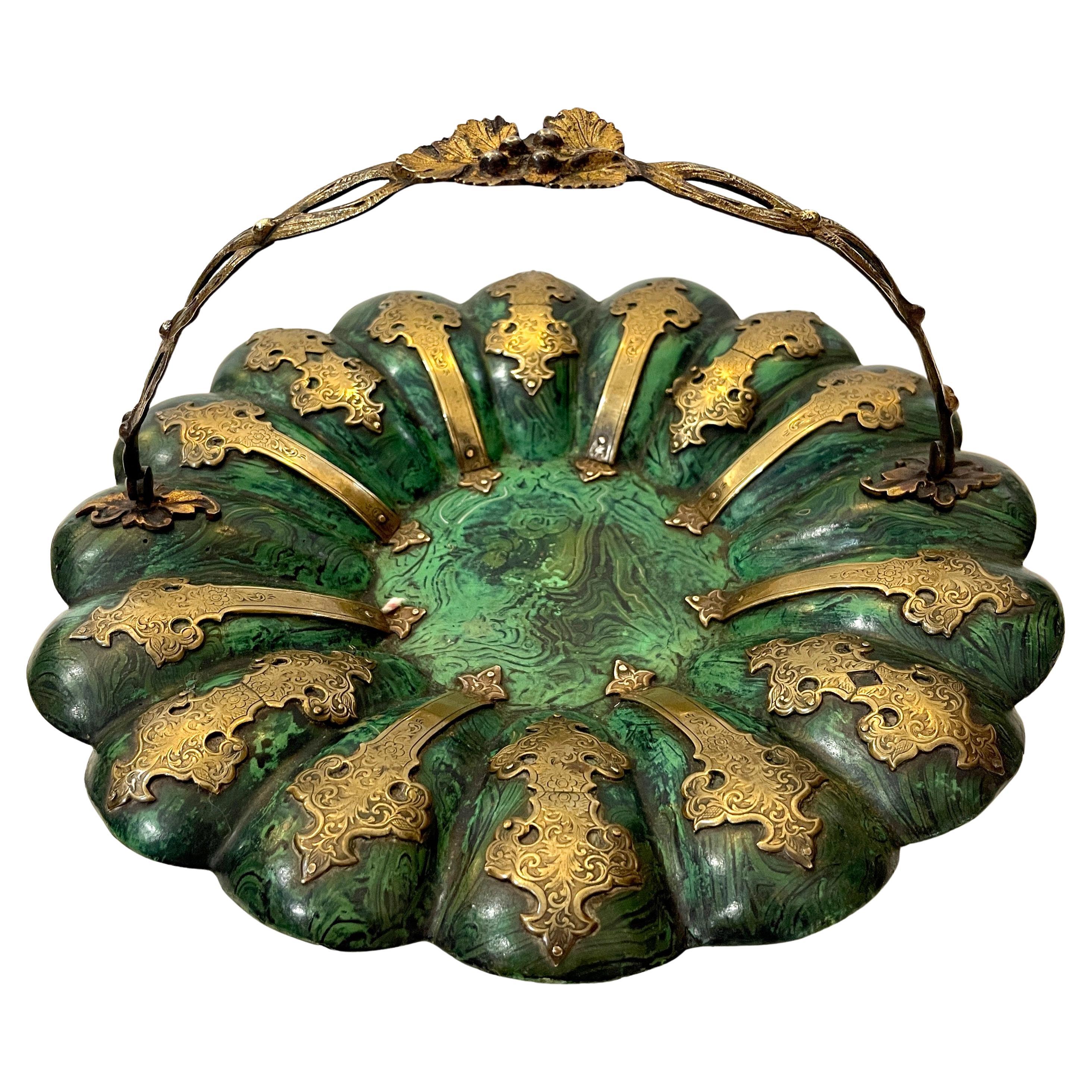 Victorian Faux Malachite & Brass Papier Mache Basket, Alsager & Neville c.1870 For Sale
