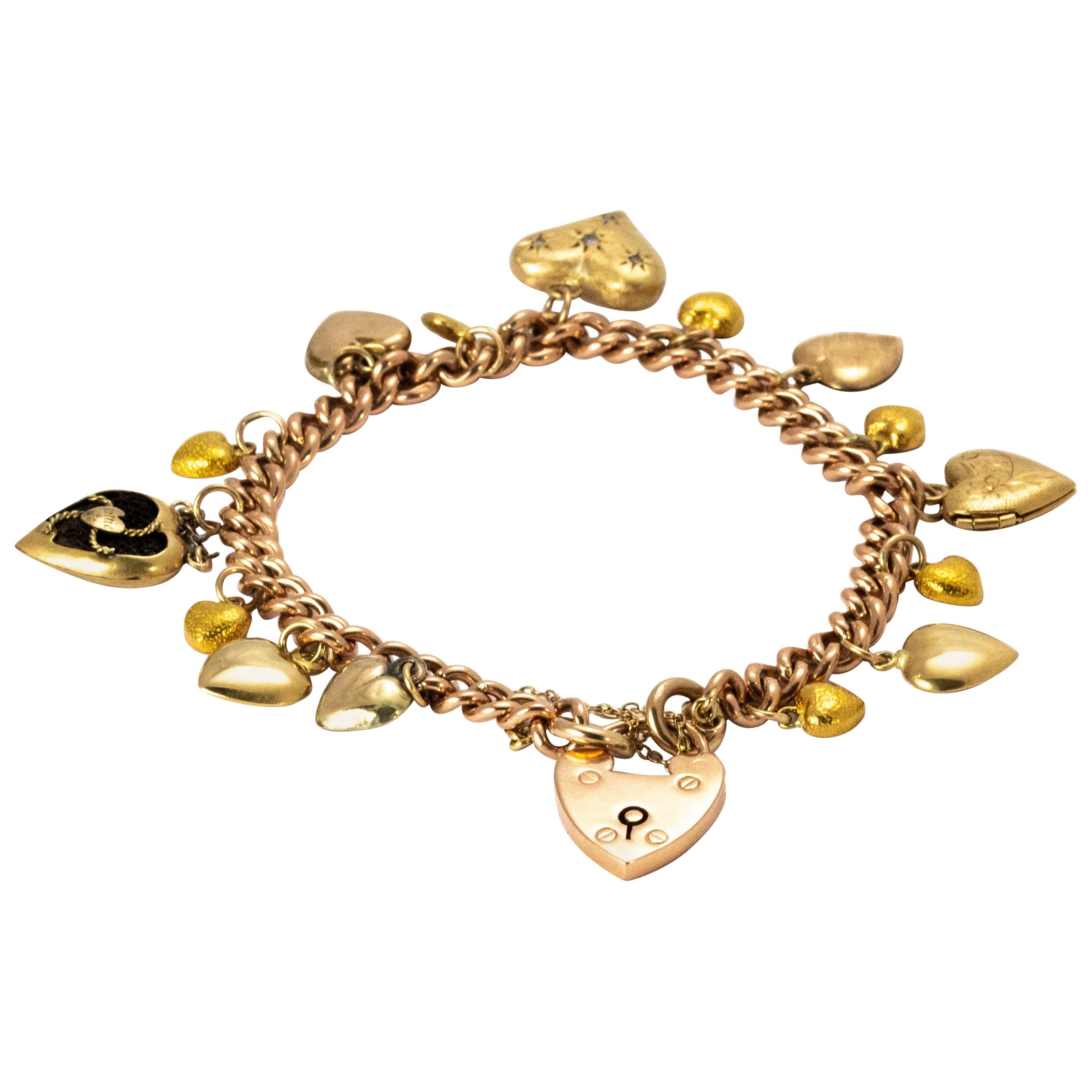 Victorian Fifteen Heart Yellow Gold Charm Bracelet